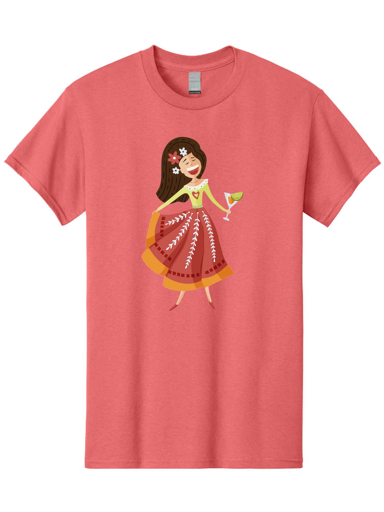 Woman-With-Cocktail Men'S Graphic Tee, 100% Cotton, Comfortable Casual Summer Wear, Machine Washable, Happy Woman, Cocktail Glass, Festive Atmosphere, Colorful Dress, Flowers In Hair, Celebratory Drink, Joyful Expression, Elegant Pose Aad773 25
