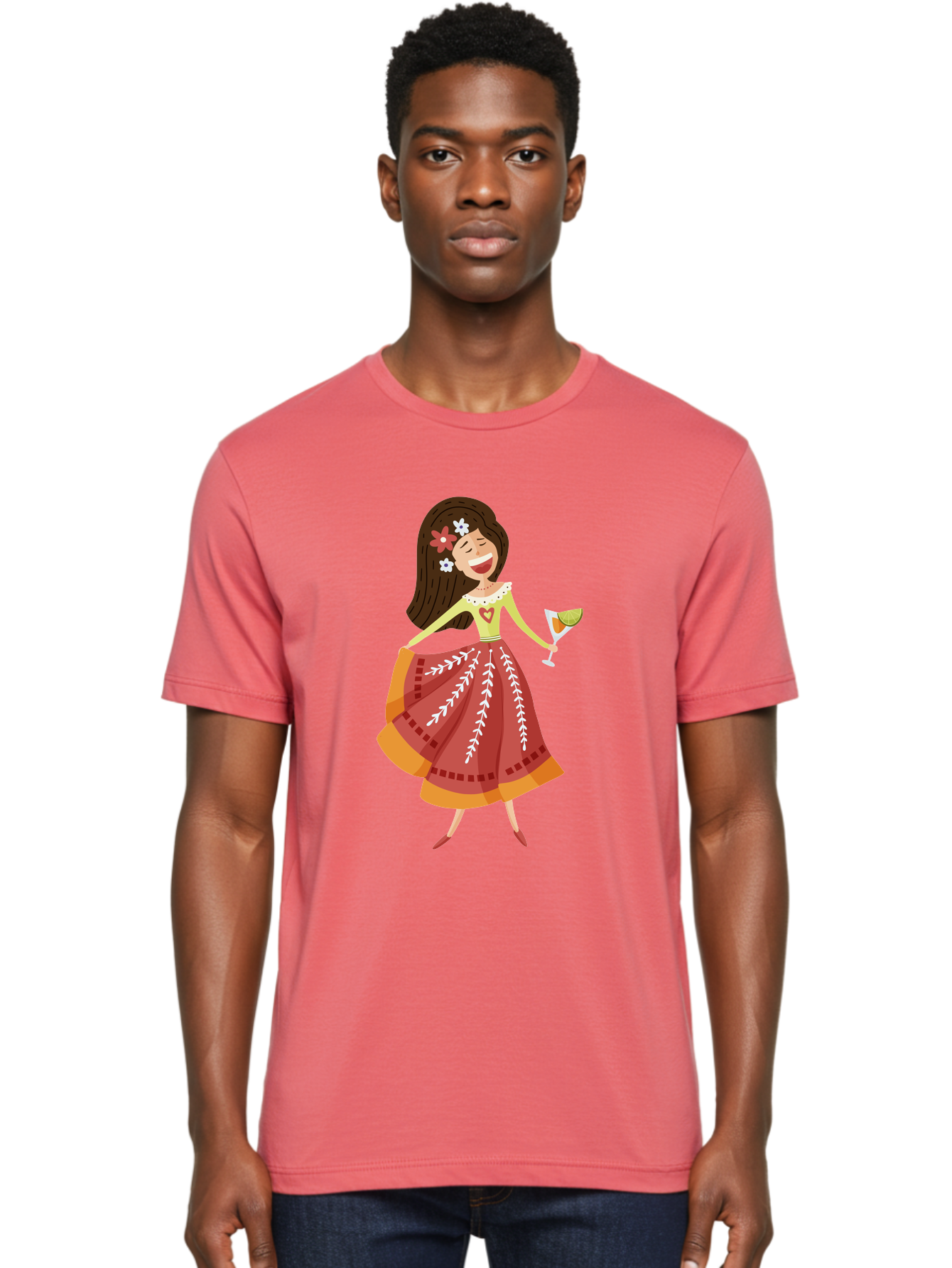 Woman-With-Cocktail Men'S Graphic Tee, 100% Cotton, Comfortable Casual Summer Wear, Machine Washable, Happy Woman, Cocktail Glass, Festive Atmosphere, Colorful Dress, Flowers In Hair, Celebratory Drink, Joyful Expression, Elegant Pose Aad773 26
