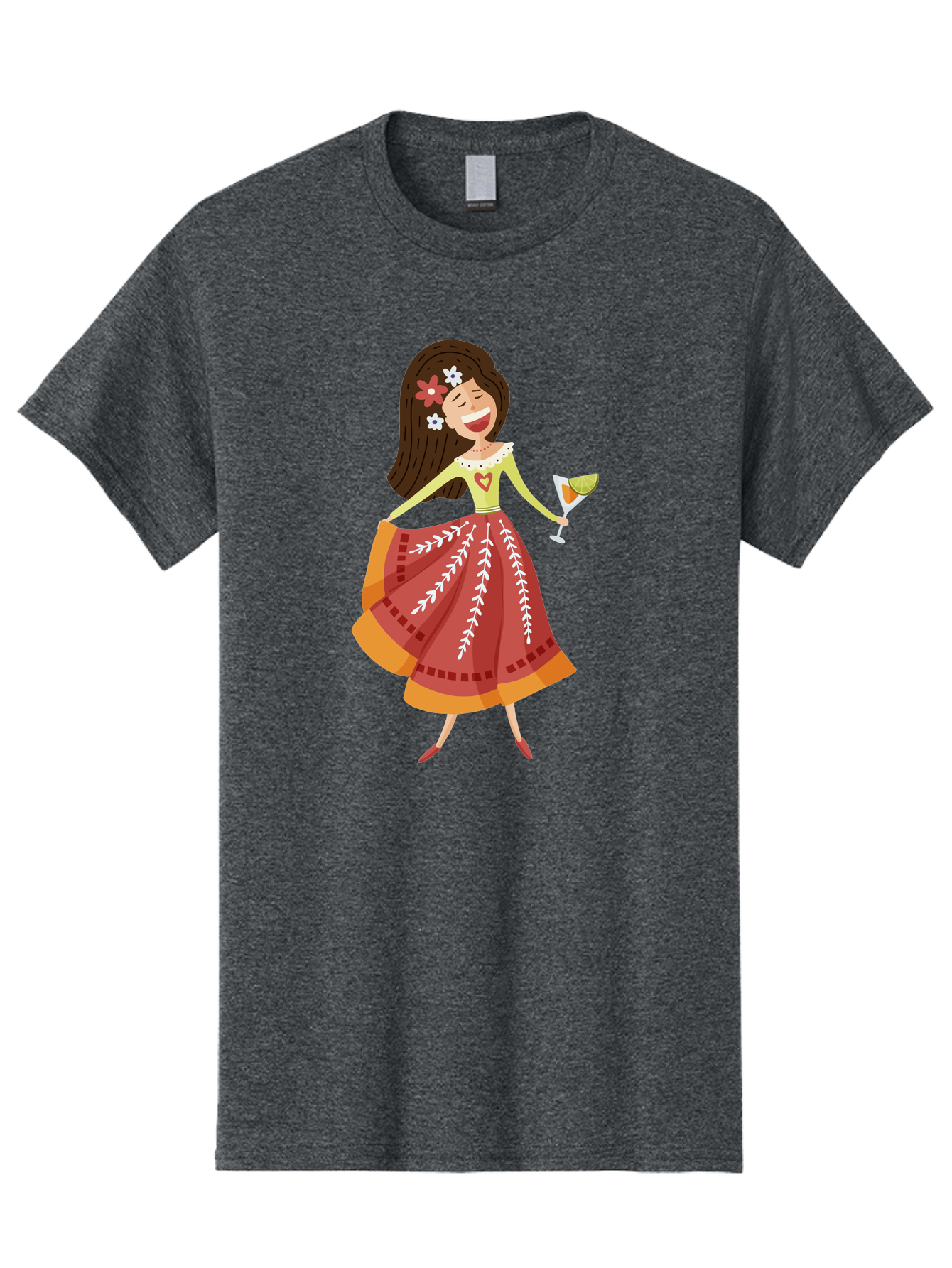 Woman-With-Cocktail Men'S Graphic Tee, 100% Cotton, Comfortable Casual Summer Wear, Machine Washable, Happy Woman, Cocktail Glass, Festive Atmosphere, Colorful Dress, Flowers In Hair, Celebratory Drink, Joyful Expression, Elegant Pose Aad773 7