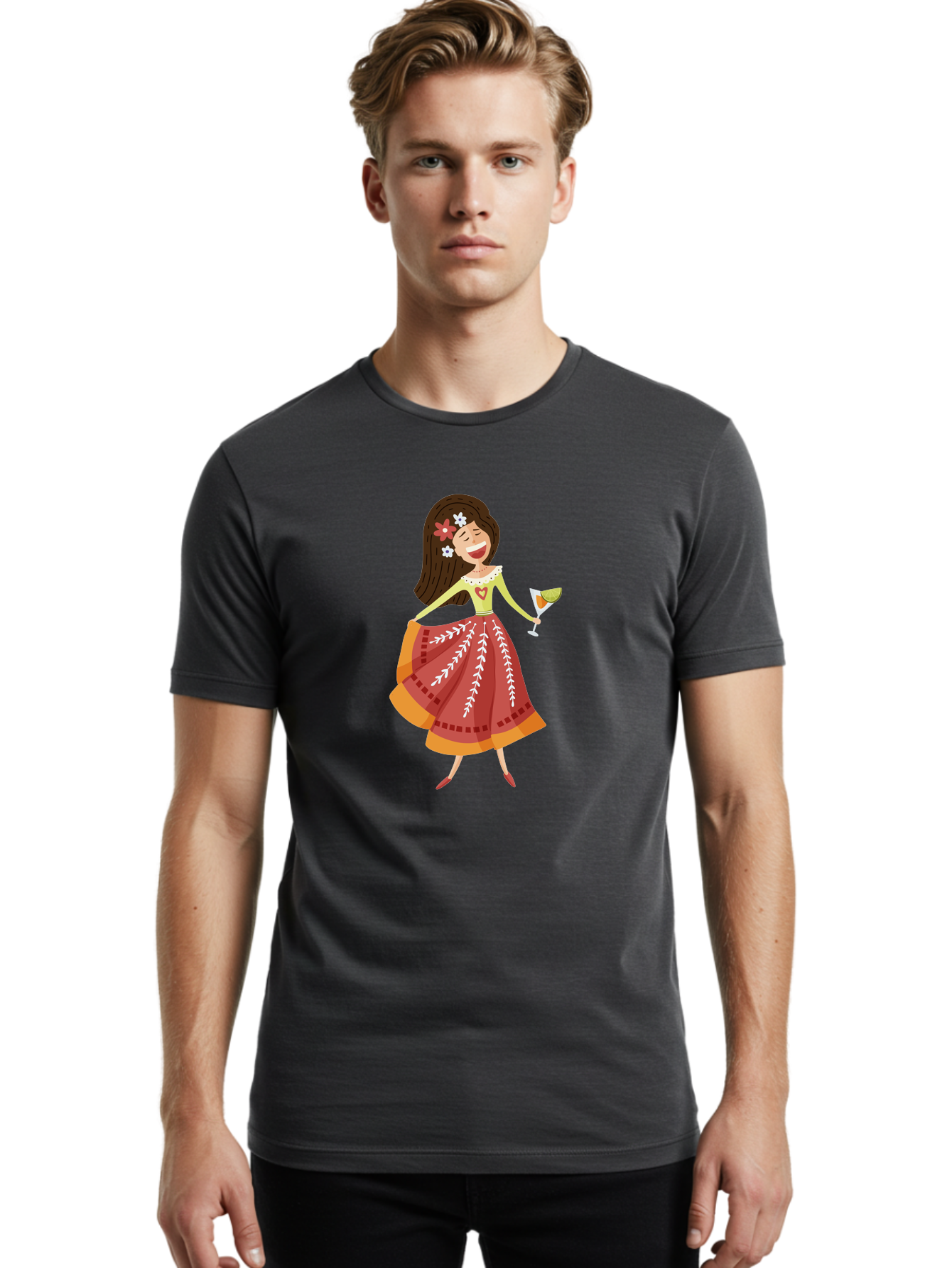 Woman-With-Cocktail Men'S Graphic Tee, 100% Cotton, Comfortable Casual Summer Wear, Machine Washable, Happy Woman, Cocktail Glass, Festive Atmosphere, Colorful Dress, Flowers In Hair, Celebratory Drink, Joyful Expression, Elegant Pose Aad773 8
