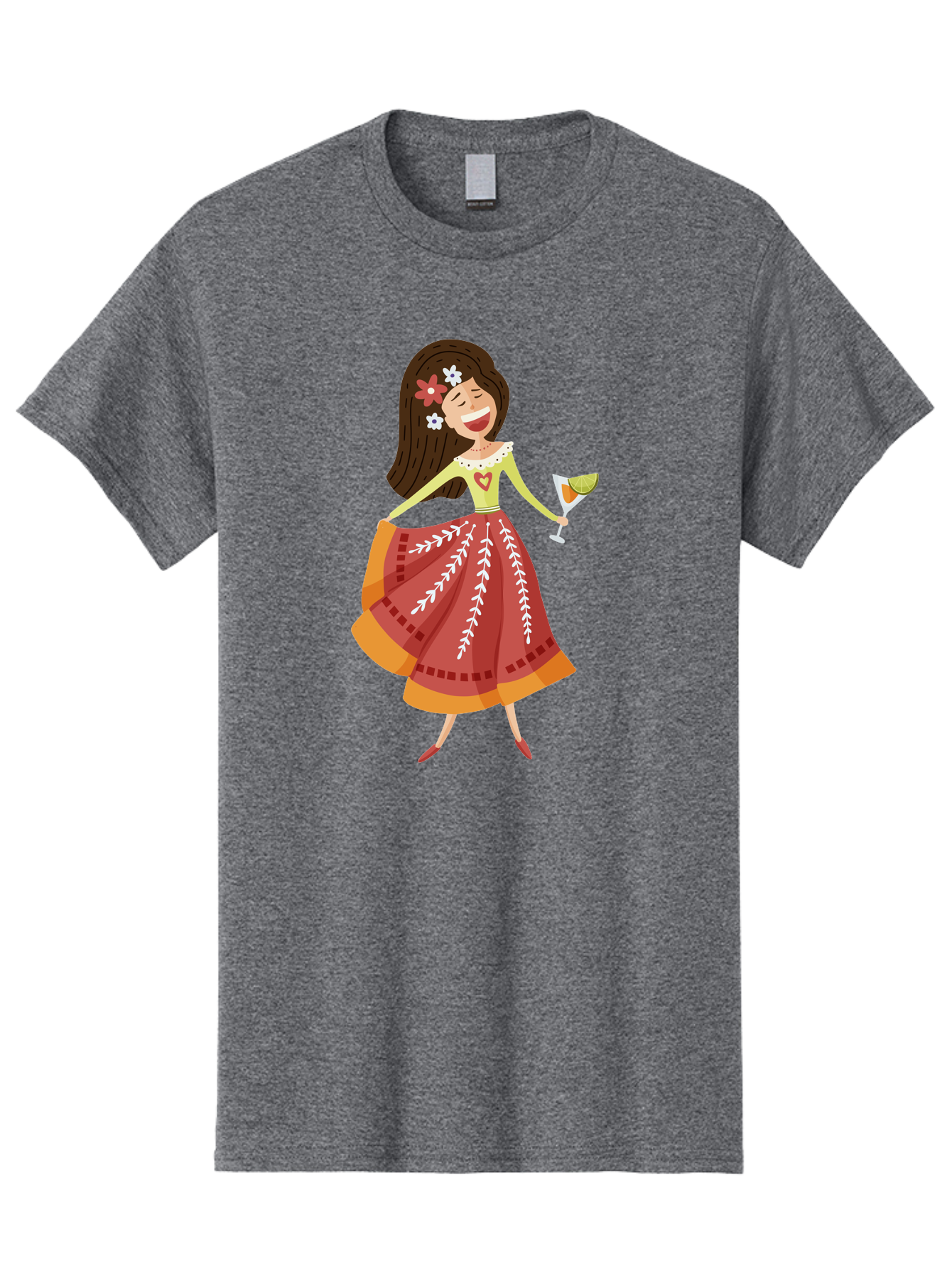 Woman-With-Cocktail Men'S Graphic Tee, 100% Cotton, Comfortable Casual Summer Wear, Machine Washable, Happy Woman, Cocktail Glass, Festive Atmosphere, Colorful Dress, Flowers In Hair, Celebratory Drink, Joyful Expression, Elegant Pose Aad773 5