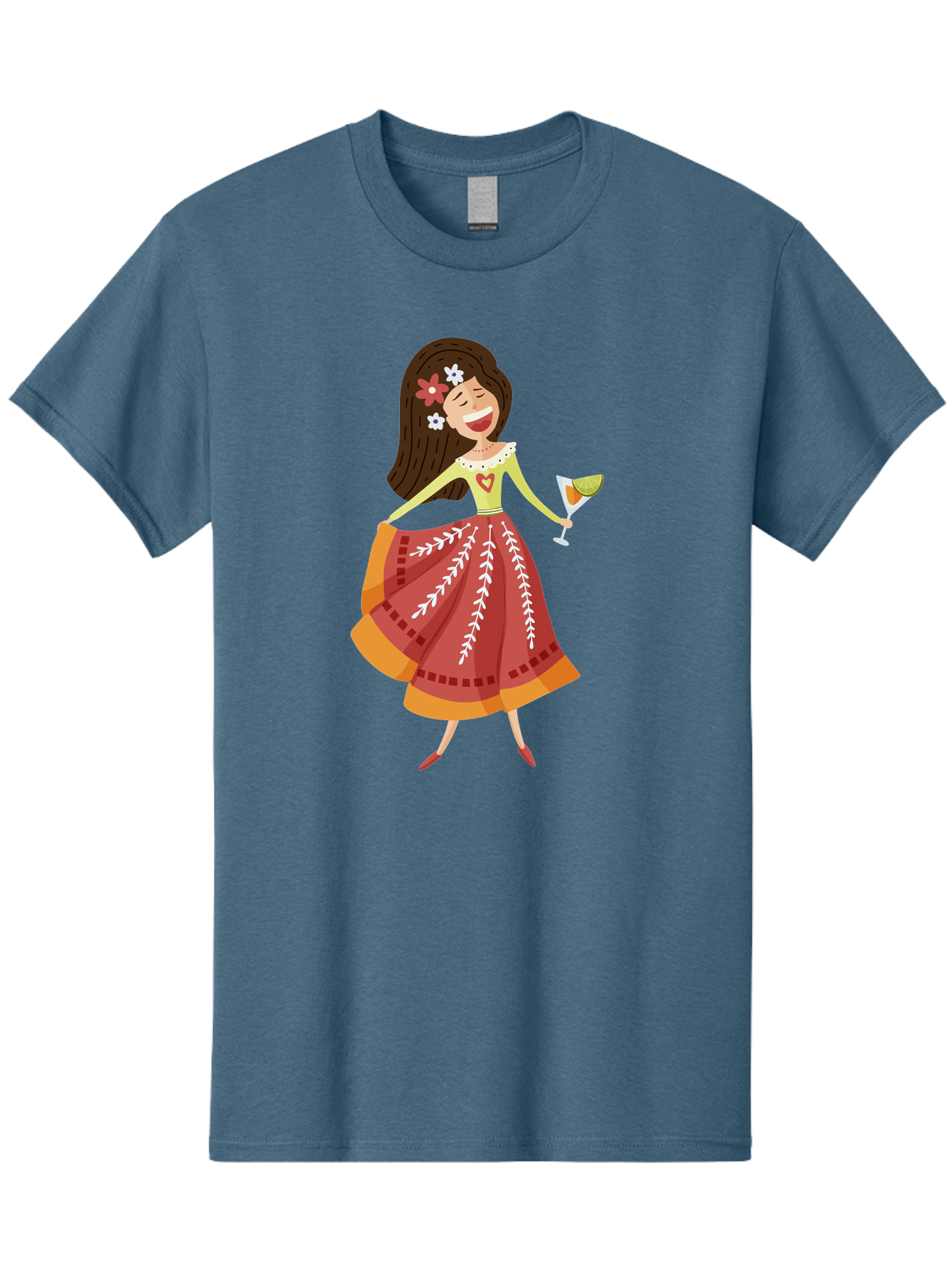 Woman-With-Cocktail Men'S Graphic Tee, 100% Cotton, Comfortable Casual Summer Wear, Machine Washable, Happy Woman, Cocktail Glass, Festive Atmosphere, Colorful Dress, Flowers In Hair, Celebratory Drink, Joyful Expression, Elegant Pose Aad773 9