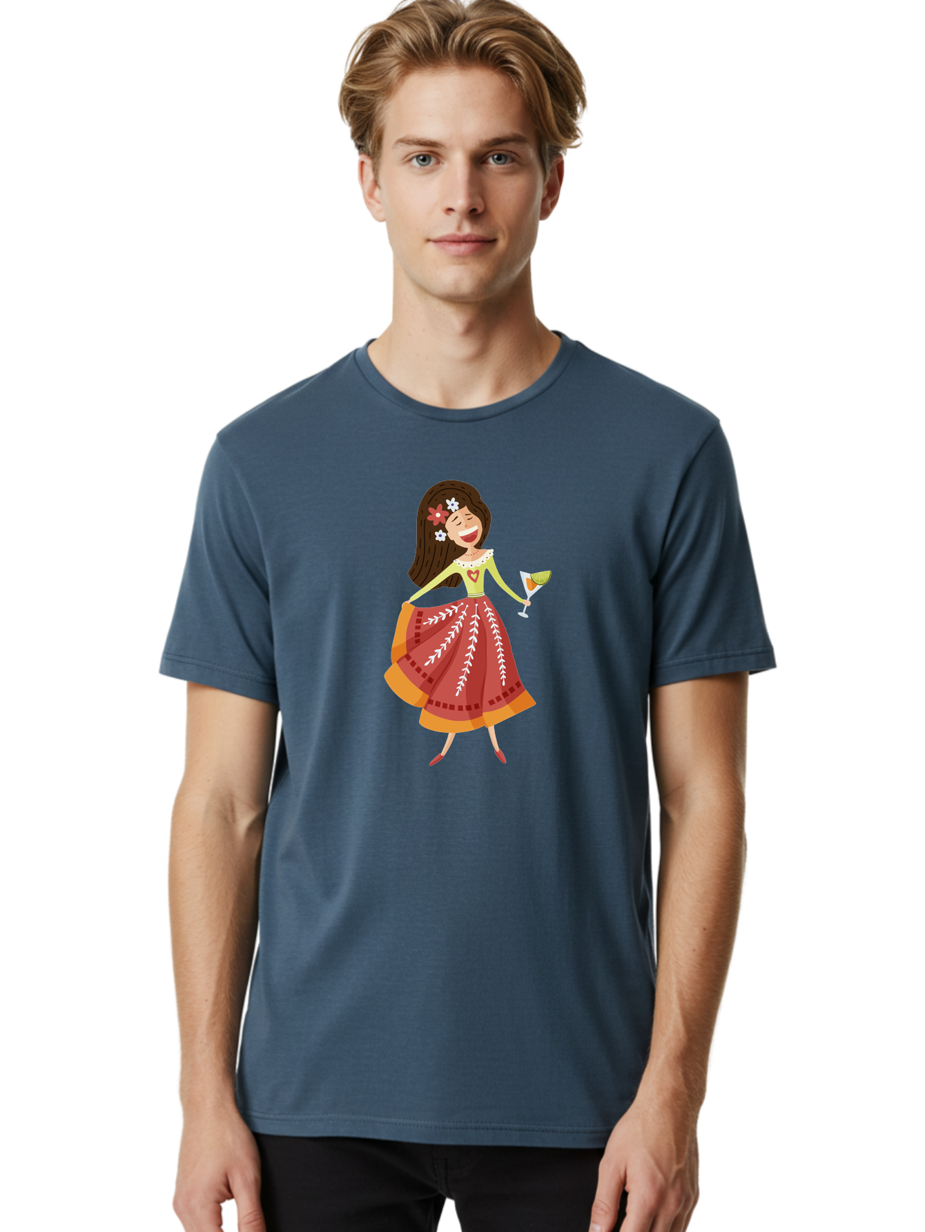 Woman-With-Cocktail Men'S Graphic Tee, 100% Cotton, Comfortable Casual Summer Wear, Machine Washable, Happy Woman, Cocktail Glass, Festive Atmosphere, Colorful Dress, Flowers In Hair, Celebratory Drink, Joyful Expression, Elegant Pose Aad773 10