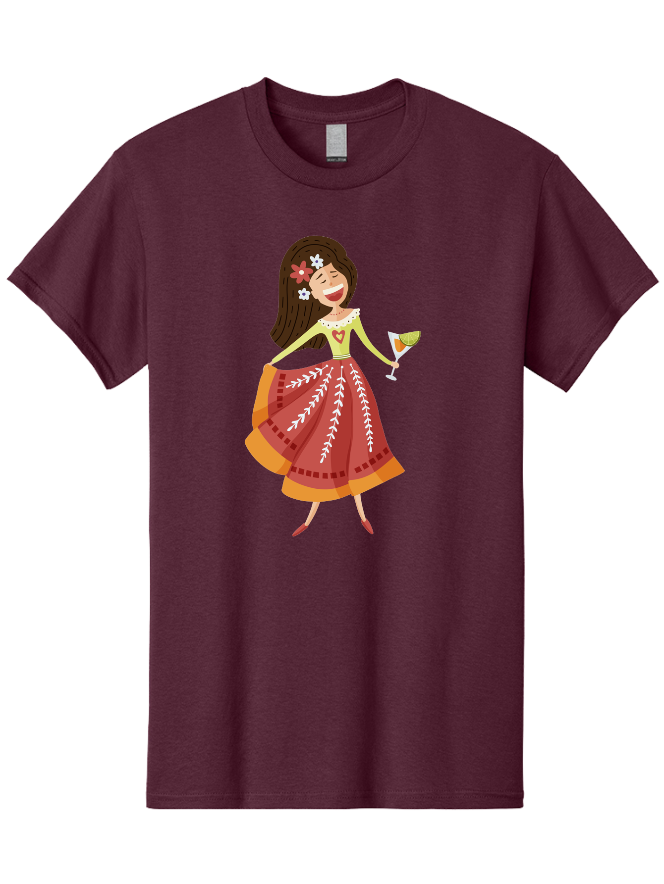 Woman-With-Cocktail Men'S Graphic Tee, 100% Cotton, Comfortable Casual Summer Wear, Machine Washable, Happy Woman, Cocktail Glass, Festive Atmosphere, Colorful Dress, Flowers In Hair, Celebratory Drink, Joyful Expression, Elegant Pose Aad773 11