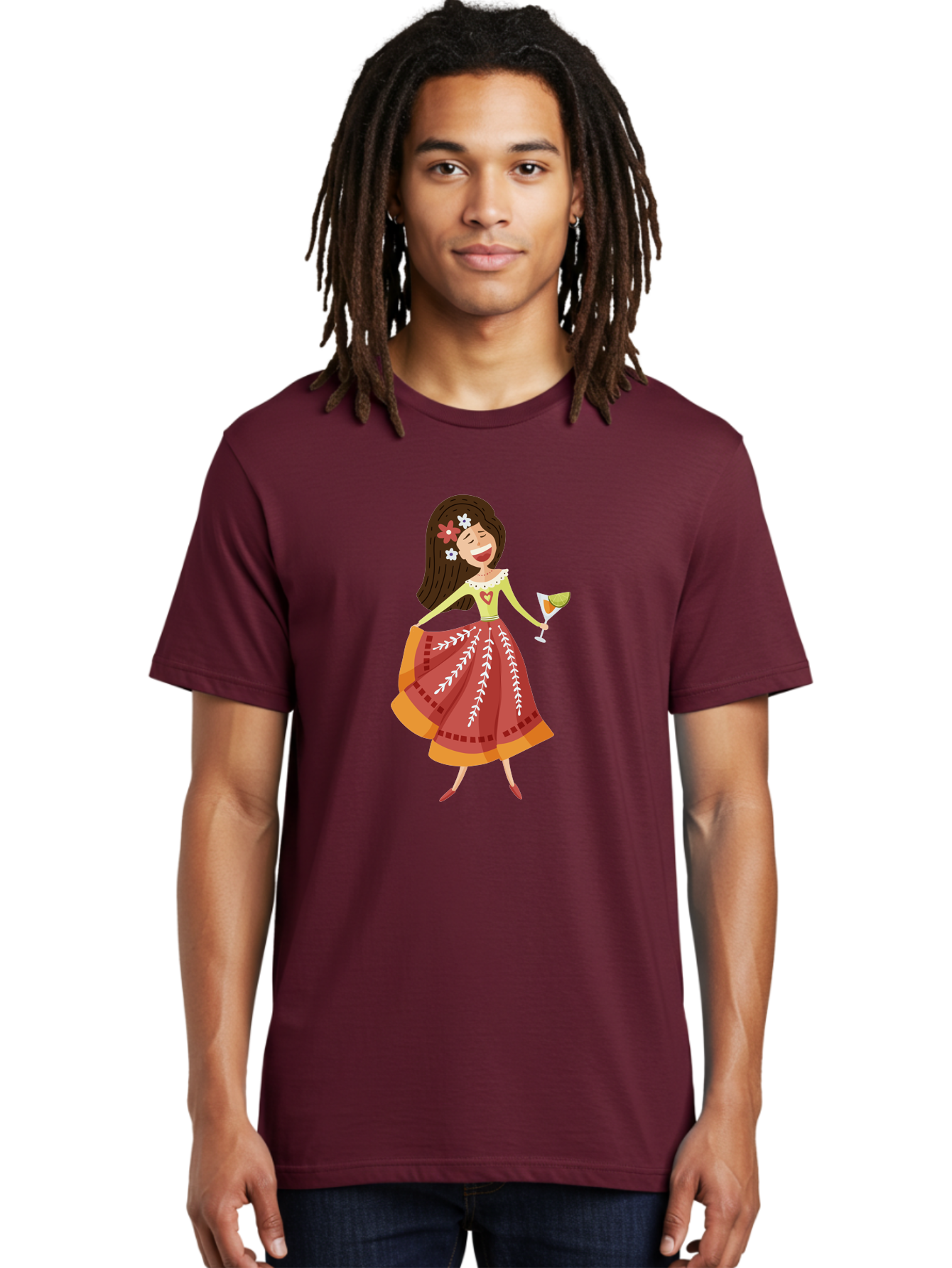 Woman-With-Cocktail Men'S Graphic Tee, 100% Cotton, Comfortable Casual Summer Wear, Machine Washable, Happy Woman, Cocktail Glass, Festive Atmosphere, Colorful Dress, Flowers In Hair, Celebratory Drink, Joyful Expression, Elegant Pose Aad773 12
