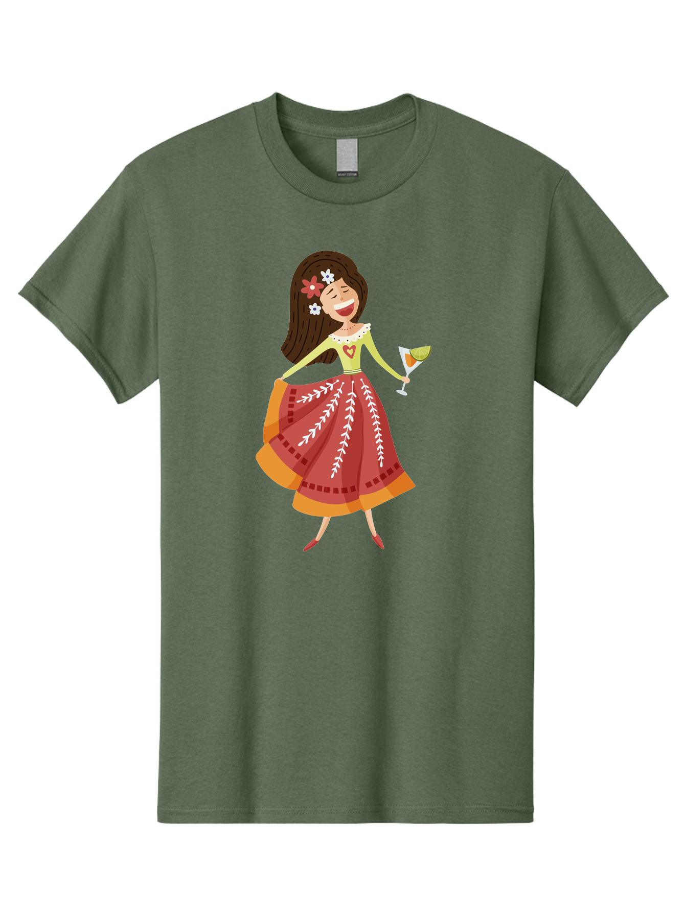 Woman-With-Cocktail Men'S Graphic Tee, 100% Cotton, Comfortable Casual Summer Wear, Machine Washable, Happy Woman, Cocktail Glass, Festive Atmosphere, Colorful Dress, Flowers In Hair, Celebratory Drink, Joyful Expression, Elegant Pose Aad773 17