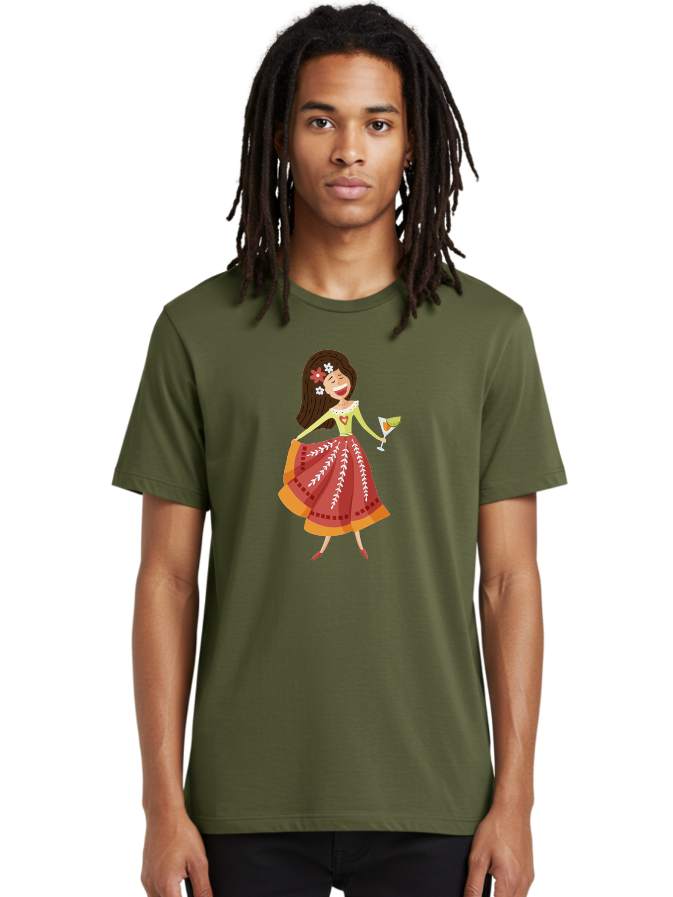 Woman-With-Cocktail Men'S Graphic Tee, 100% Cotton, Comfortable Casual Summer Wear, Machine Washable, Happy Woman, Cocktail Glass, Festive Atmosphere, Colorful Dress, Flowers In Hair, Celebratory Drink, Joyful Expression, Elegant Pose Aad773 18