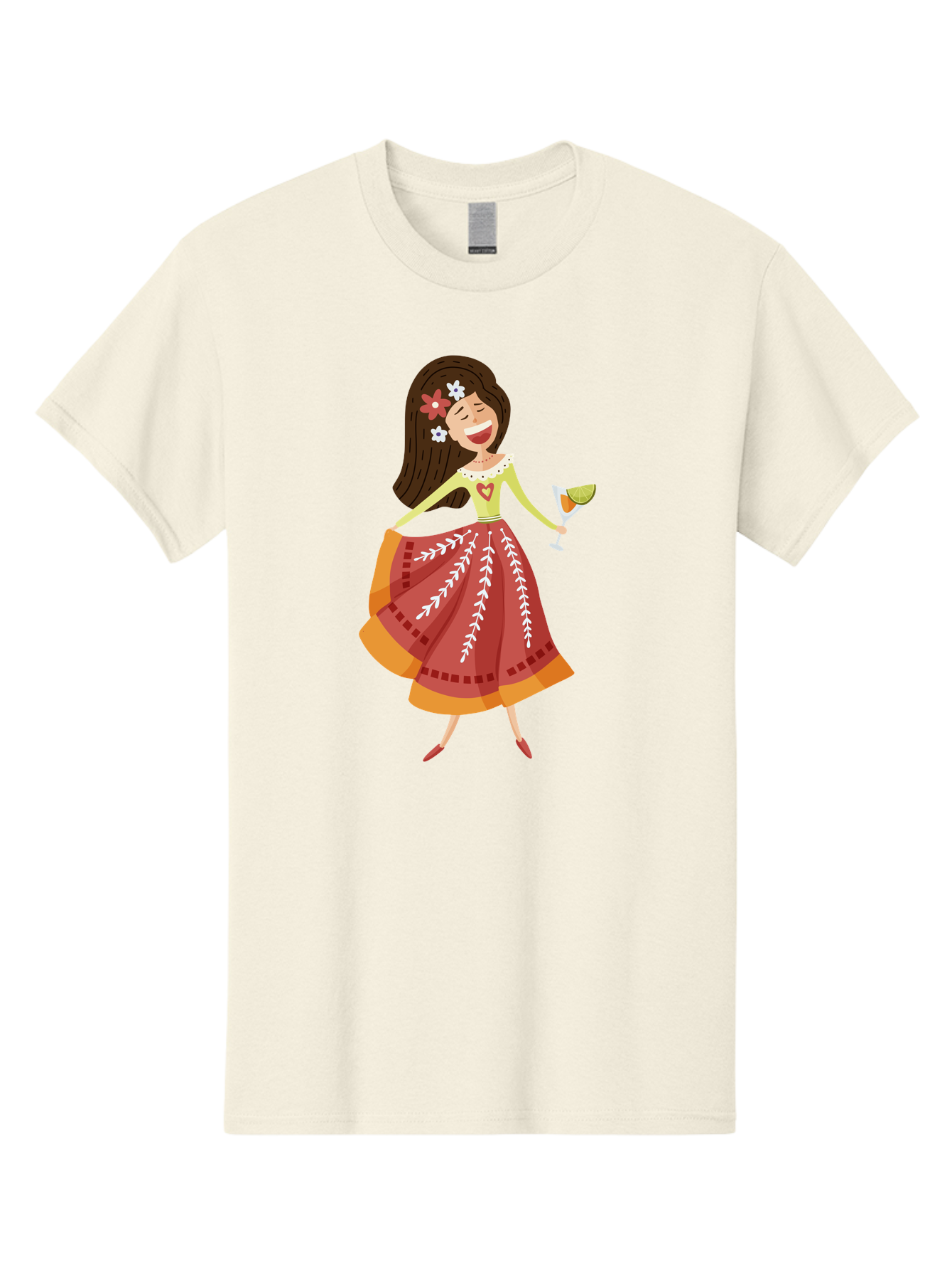 Woman-With-Cocktail Men'S Graphic Tee, 100% Cotton, Comfortable Casual Summer Wear, Machine Washable, Happy Woman, Cocktail Glass, Festive Atmosphere, Colorful Dress, Flowers In Hair, Celebratory Drink, Joyful Expression, Elegant Pose Aad773 13