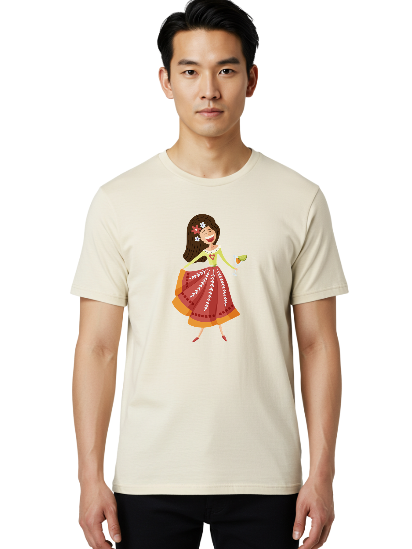Woman-With-Cocktail Men'S Graphic Tee, 100% Cotton, Comfortable Casual Summer Wear, Machine Washable, Happy Woman, Cocktail Glass, Festive Atmosphere, Colorful Dress, Flowers In Hair, Celebratory Drink, Joyful Expression, Elegant Pose Aad773 14