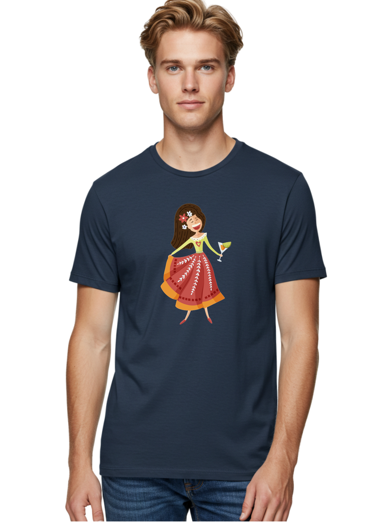 Woman-With-Cocktail Men'S Graphic Tee, 100% Cotton, Comfortable Casual Summer Wear, Machine Washable, Happy Woman, Cocktail Glass, Festive Atmosphere, Colorful Dress, Flowers In Hair, Celebratory Drink, Joyful Expression, Elegant Pose Aad773 2