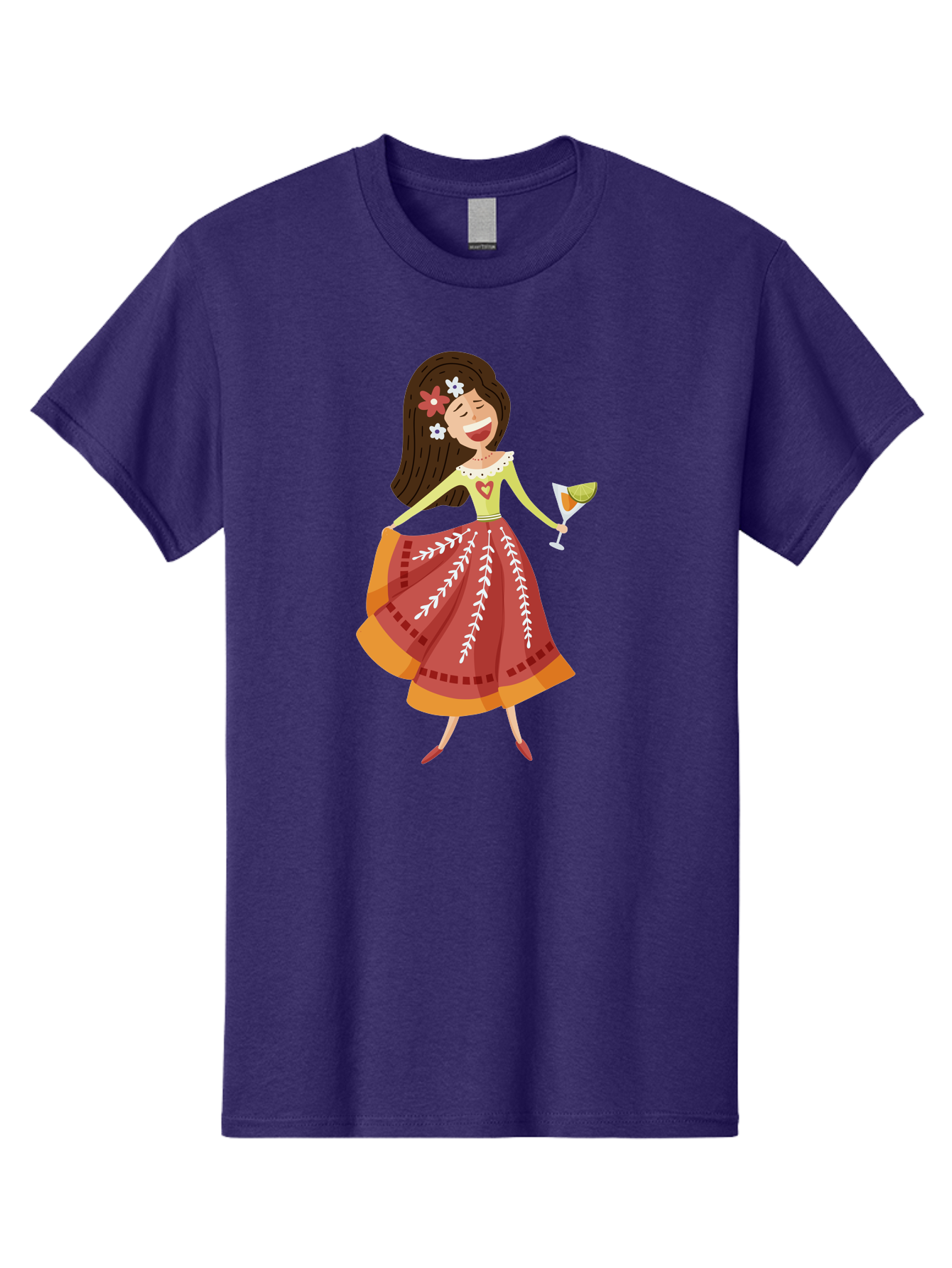 Woman-With-Cocktail Men'S Graphic Tee, 100% Cotton, Comfortable Casual Summer Wear, Machine Washable, Happy Woman, Cocktail Glass, Festive Atmosphere, Colorful Dress, Flowers In Hair, Celebratory Drink, Joyful Expression, Elegant Pose Aad773 23