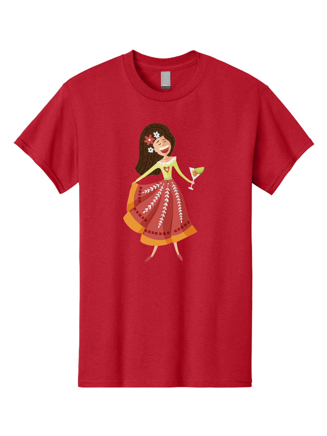 Woman-With-Cocktail Men'S Graphic Tee, 100% Cotton, Comfortable Casual Summer Wear, Machine Washable, Happy Woman, Cocktail Glass, Festive Atmosphere, Colorful Dress, Flowers In Hair, Celebratory Drink, Joyful Expression, Elegant Pose Aad773 29