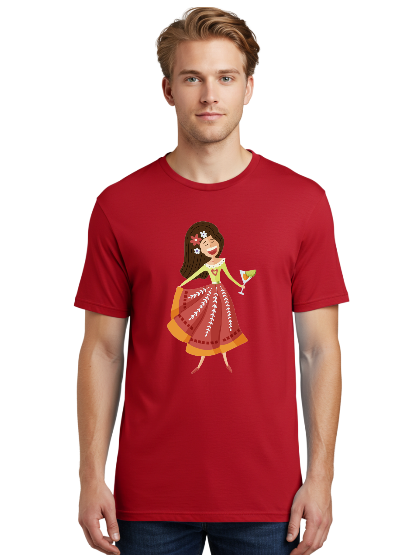 Woman-With-Cocktail Men'S Graphic Tee, 100% Cotton, Comfortable Casual Summer Wear, Machine Washable, Happy Woman, Cocktail Glass, Festive Atmosphere, Colorful Dress, Flowers In Hair, Celebratory Drink, Joyful Expression, Elegant Pose Aad773 30