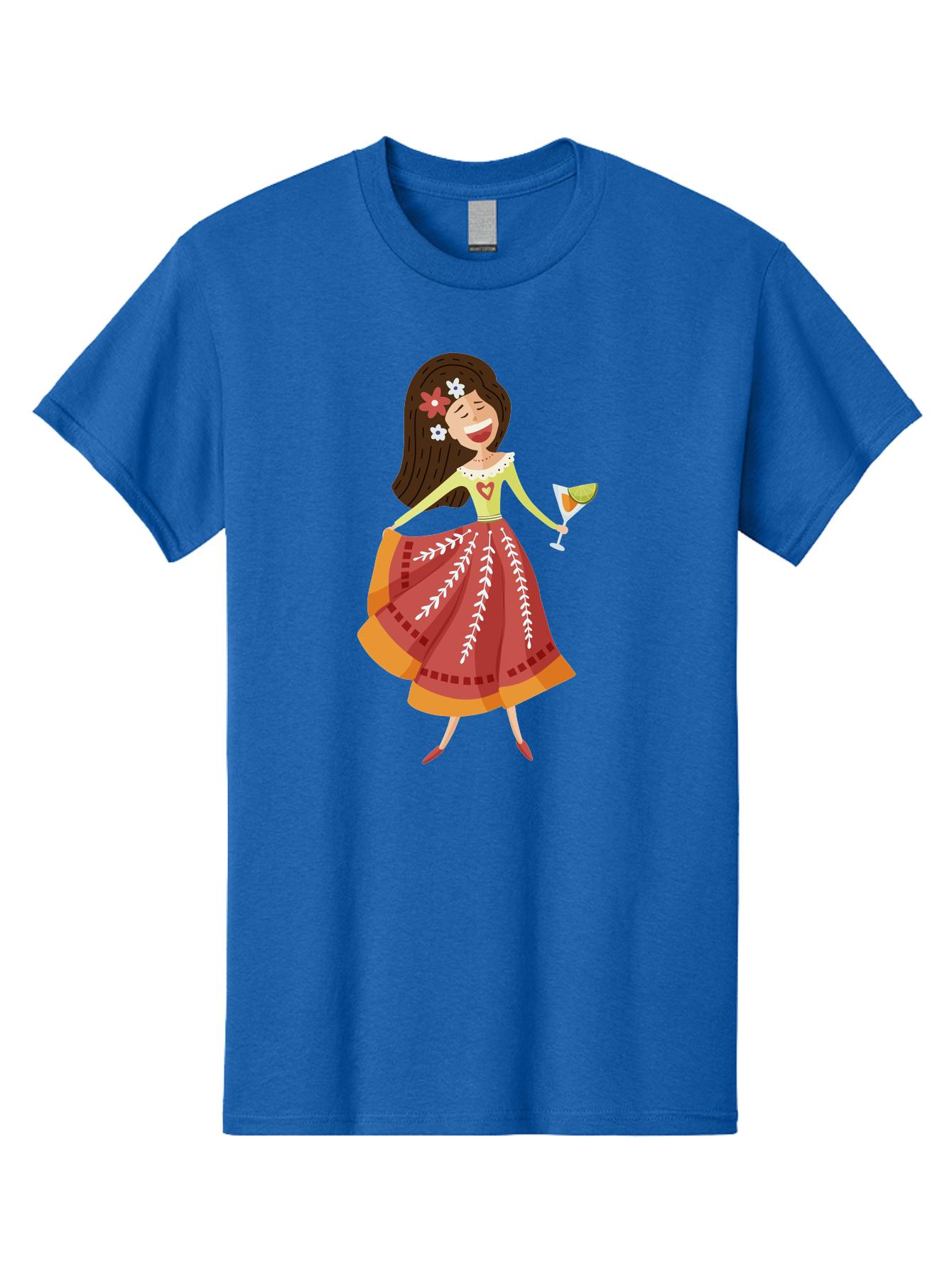Woman-With-Cocktail Men'S Graphic Tee, 100% Cotton, Comfortable Casual Summer Wear, Machine Washable, Happy Woman, Cocktail Glass, Festive Atmosphere, Colorful Dress, Flowers In Hair, Celebratory Drink, Joyful Expression, Elegant Pose Aad773 21