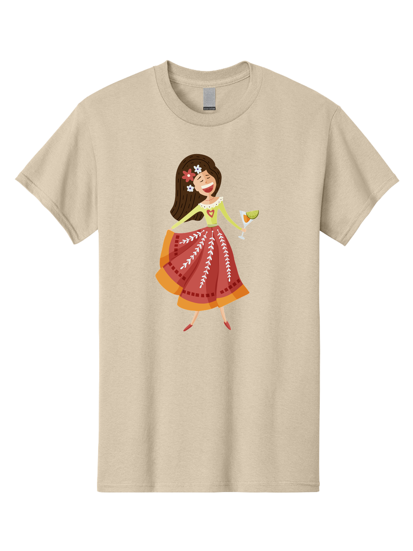 Woman-With-Cocktail Men'S Graphic Tee, 100% Cotton, Comfortable Casual Summer Wear, Machine Washable, Happy Woman, Cocktail Glass, Festive Atmosphere, Colorful Dress, Flowers In Hair, Celebratory Drink, Joyful Expression, Elegant Pose Aad773 15