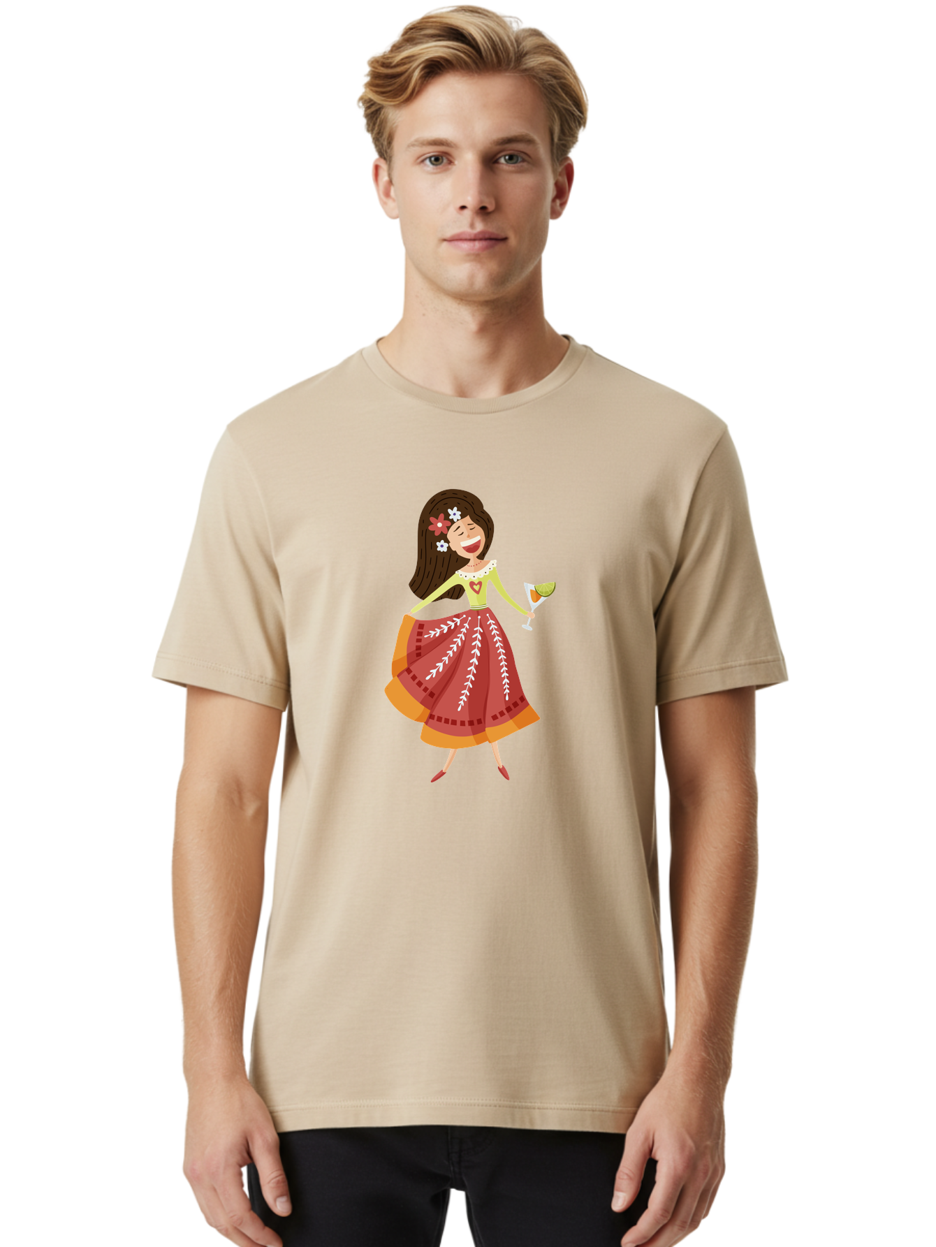 Woman-With-Cocktail Men'S Graphic Tee, 100% Cotton, Comfortable Casual Summer Wear, Machine Washable, Happy Woman, Cocktail Glass, Festive Atmosphere, Colorful Dress, Flowers In Hair, Celebratory Drink, Joyful Expression, Elegant Pose Aad773 16