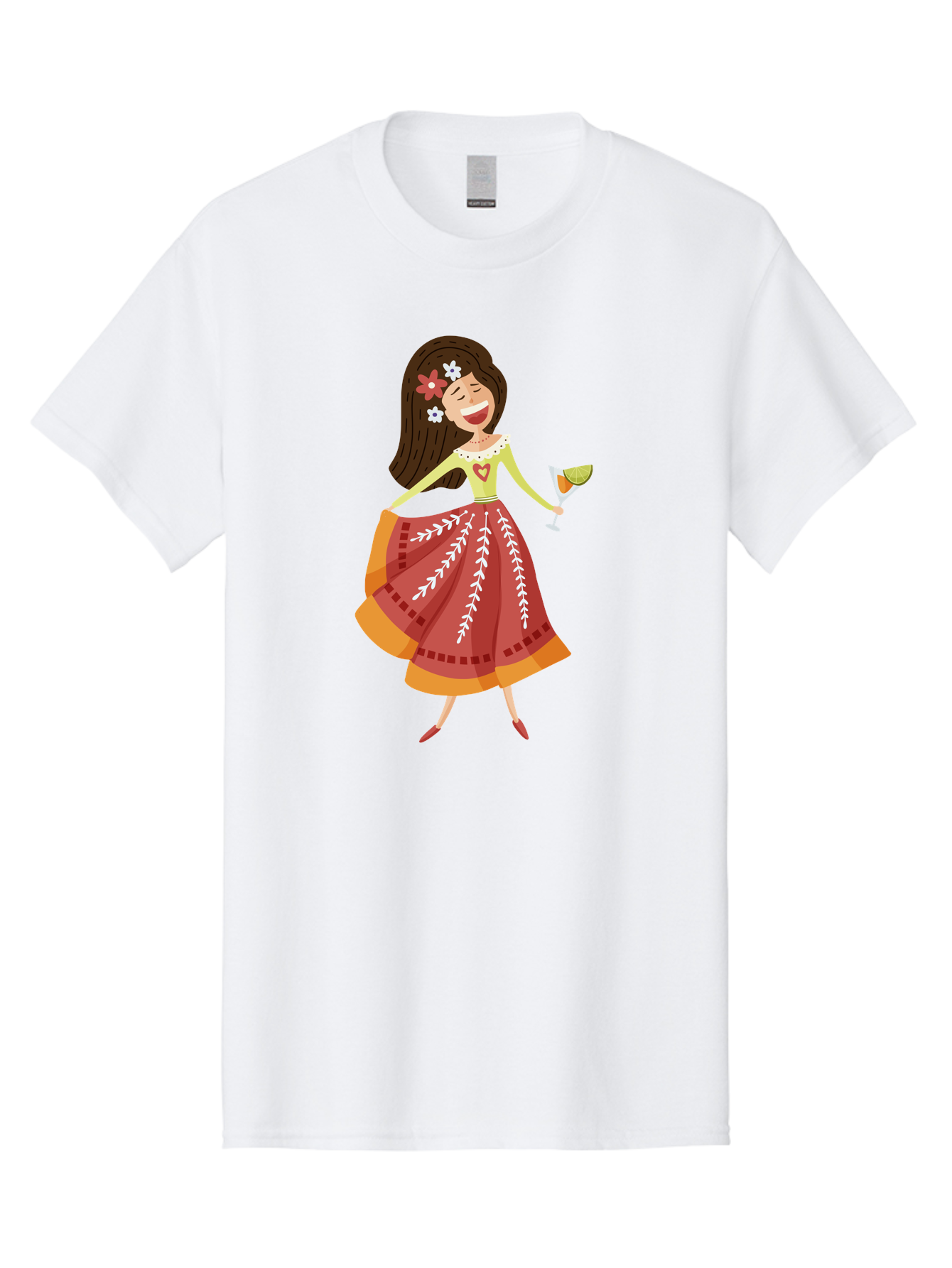 Woman-With-Cocktail Men'S Graphic Tee, 100% Cotton, Comfortable Casual Summer Wear, Machine Washable, Happy Woman, Cocktail Glass, Festive Atmosphere, Colorful Dress, Flowers In Hair, Celebratory Drink, Joyful Expression, Elegant Pose Aad773 27