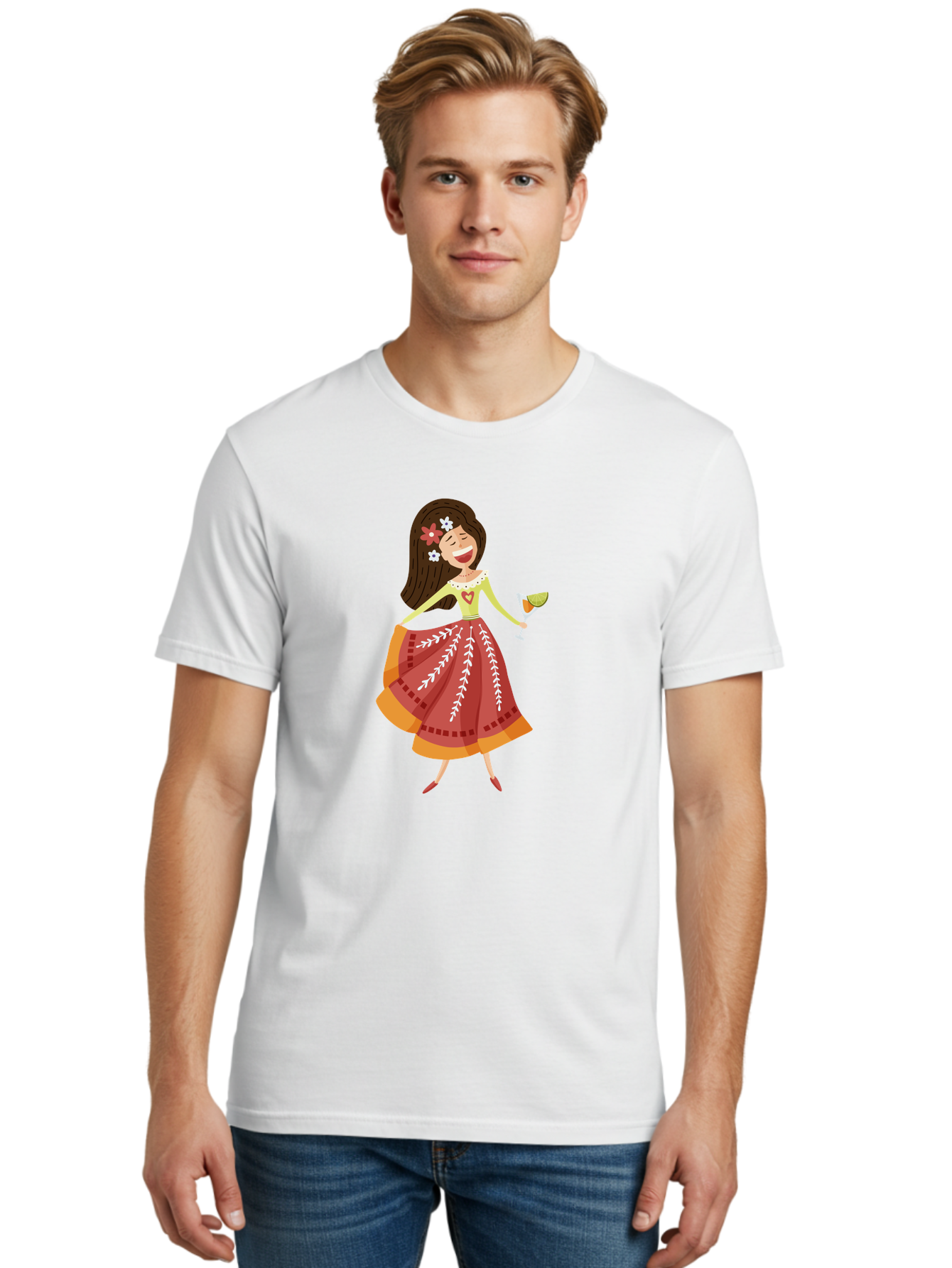 Woman-With-Cocktail Men'S Graphic Tee, 100% Cotton, Comfortable Casual Summer Wear, Machine Washable, Happy Woman, Cocktail Glass, Festive Atmosphere, Colorful Dress, Flowers In Hair, Celebratory Drink, Joyful Expression, Elegant Pose Aad773 28