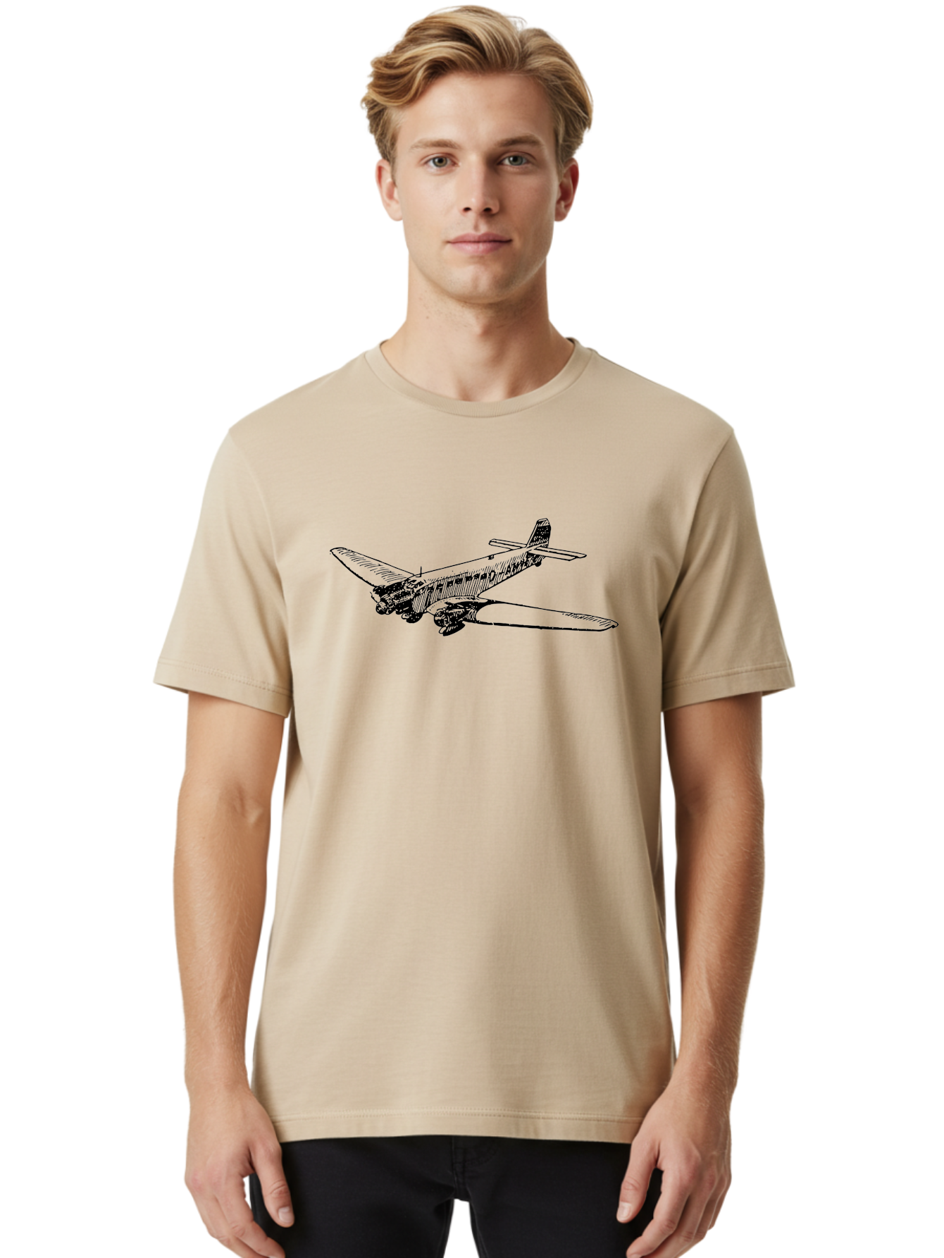 Dc3-Airplane Men'S Graphic Tee, 100% Cotton, Comfortable Casual Summer Wear, Machine Washable, Vintage Airplane, Classic Aircraft, Dc-3 Plane, Propeller-Driven Plane, Aviation History, Retro Flying Machine, Black And White Illustration, Aad785 8