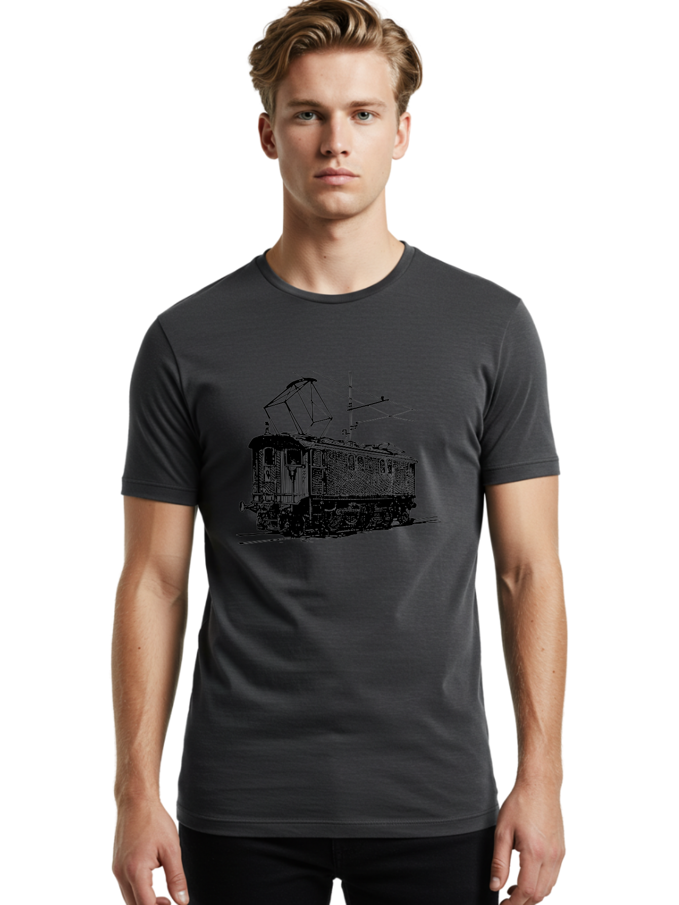 Electric-Train Men'S Graphic Tee, 100% Cotton, Comfortable Casual Summer Wear, Machine Washable, Vintage Electric Train, Railway Locomotive, Transportation Mode, Electric Power, Railway Technology, Historic Train Design, Public Transit Aad788 24
