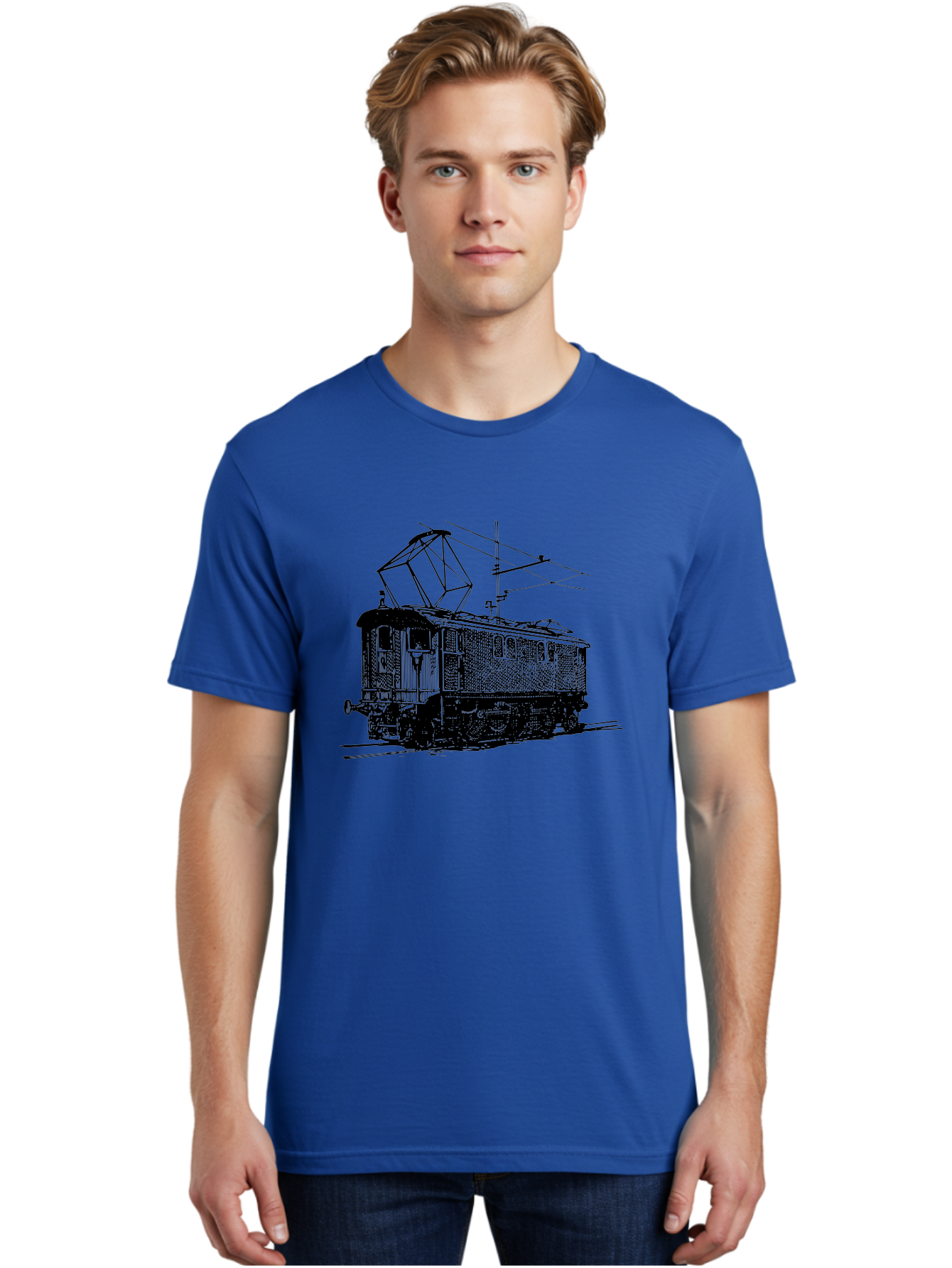 Electric-Train Men'S Graphic Tee, 100% Cotton, Comfortable Casual Summer Wear, Machine Washable, Vintage Electric Train, Railway Locomotive, Transportation Mode, Electric Power, Railway Technology, Historic Train Design, Public Transit Aad788 8