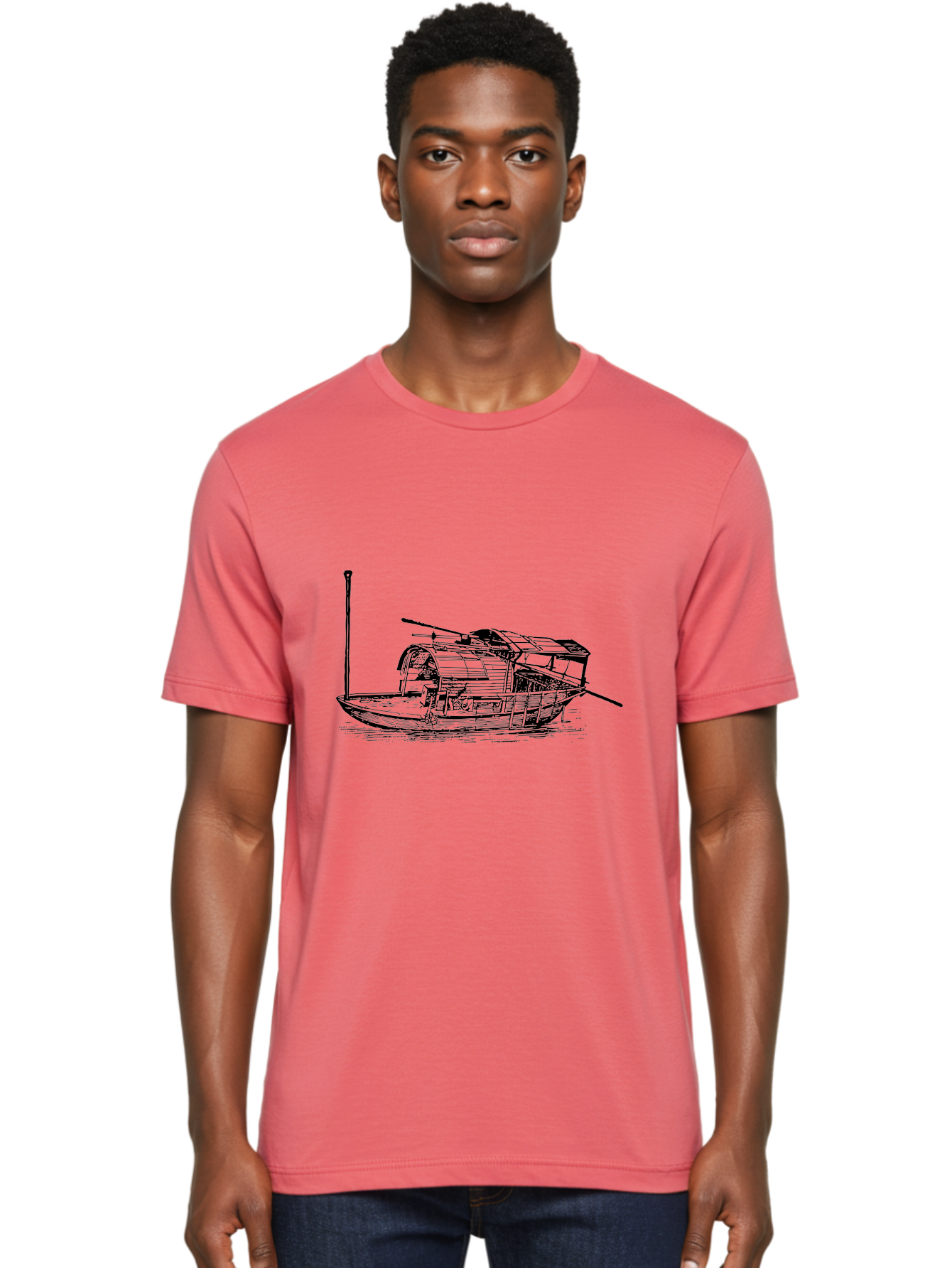 Floating-Houseboat Men'S Graphic Tee, 100% Cotton, Comfortable Casual Summer Wear, Machine Washable, Houseboat, Floating Home, Watercraft, Traditional Architecture, Serene Atmosphere, Vintage Illustration, Nautical Design, Peaceful Ambiance, Aad790 24