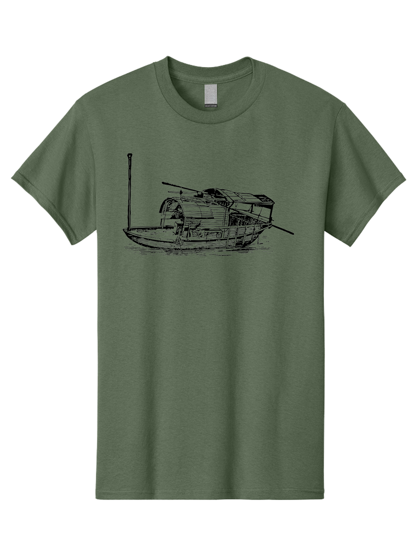 Floating-Houseboat Men'S Graphic Tee, 100% Cotton, Comfortable Casual Summer Wear, Machine Washable, Houseboat, Floating Home, Watercraft, Traditional Architecture, Serene Atmosphere, Vintage Illustration, Nautical Design, Peaceful Ambiance, Aad790 17