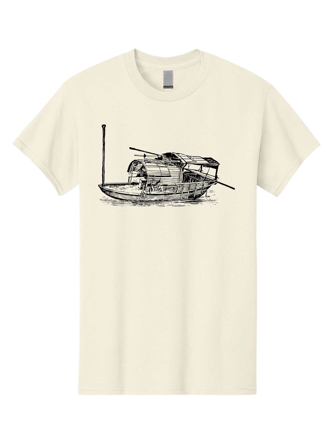 Floating-Houseboat Men'S Graphic Tee, 100% Cotton, Comfortable Casual Summer Wear, Machine Washable, Houseboat, Floating Home, Watercraft, Traditional Architecture, Serene Atmosphere, Vintage Illustration, Nautical Design, Peaceful Ambiance, Aad790 7