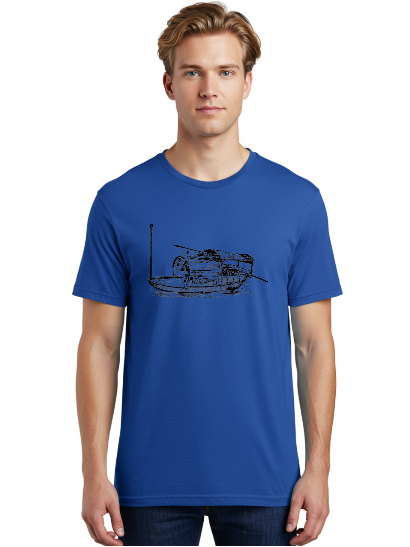 Floating-Houseboat Men'S Graphic Tee, 100% Cotton, Comfortable Casual Summer Wear, Machine Washable, Houseboat, Floating Home, Watercraft, Traditional Architecture, Serene Atmosphere, Vintage Illustration, Nautical Design, Peaceful Ambiance, Aad790 22