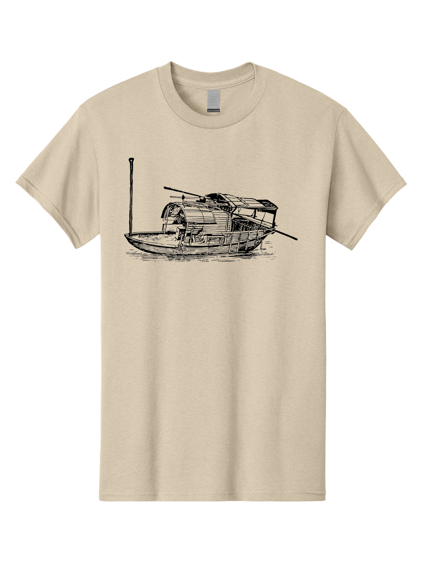 Floating-Houseboat Men'S Graphic Tee, 100% Cotton, Comfortable Casual Summer Wear, Machine Washable, Houseboat, Floating Home, Watercraft, Traditional Architecture, Serene Atmosphere, Vintage Illustration, Nautical Design, Peaceful Ambiance, Aad790 1