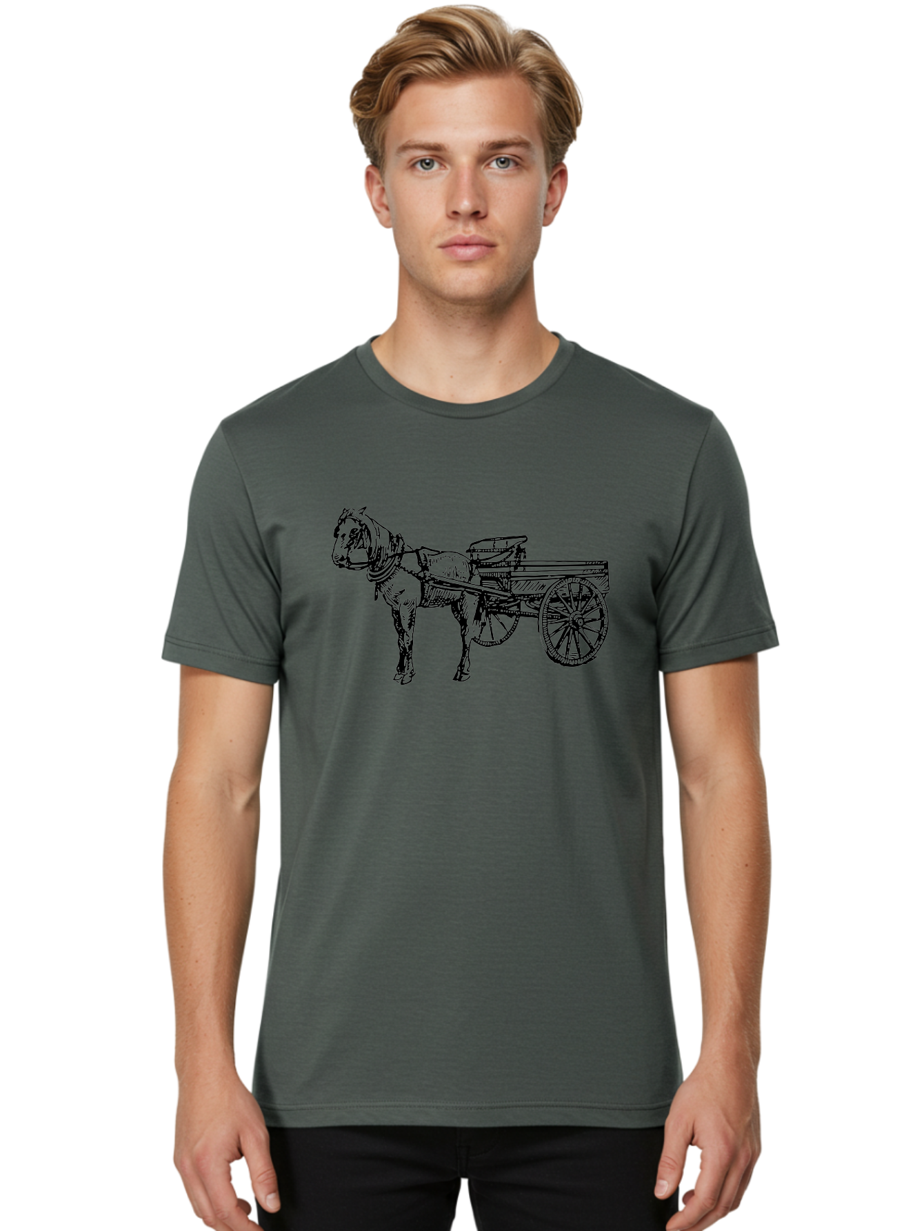 Horse-And-Cart Men'S Graphic Tee, 100% Cotton, Comfortable Casual Summer Wear, Machine Washable, Horse Drawn Cart, Vintage Transportation, Traditional Carriage, Horse Harness, Wooden Cart Wheels, Classic Illustration, Historical Vehicle, Aad793 30