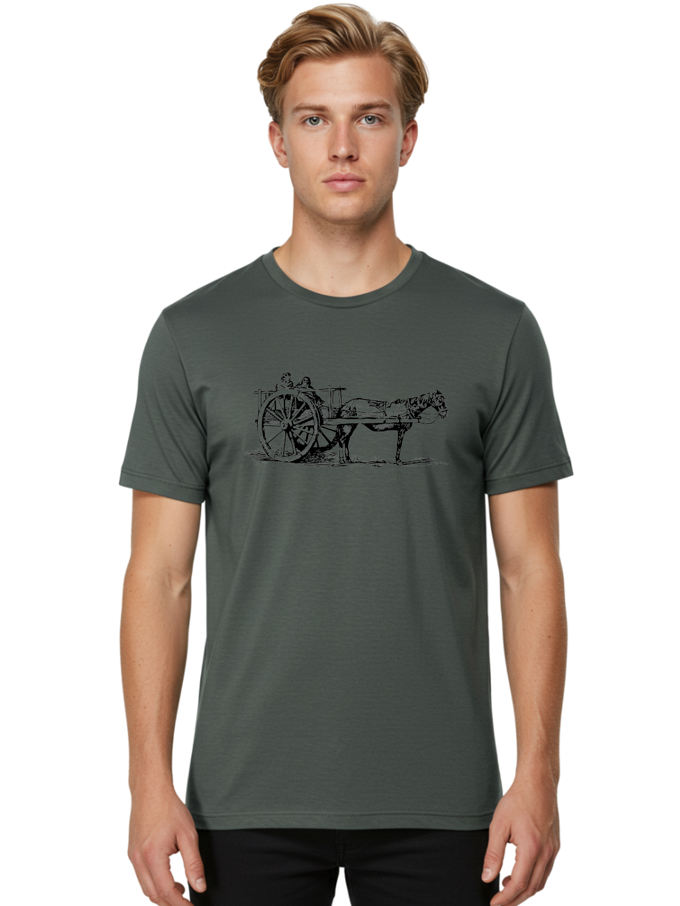 Horse-Drawn-Cart Men'S Graphic Tee, 100% Cotton, Comfortable Casual Summer Wear, Machine Washable, Vintage Horse Cart, Horse Drawn Carriage, Traditional Transportation, Classic Cart Illustration, Horse And Carriage, People Riding Cart, Aad795 26
