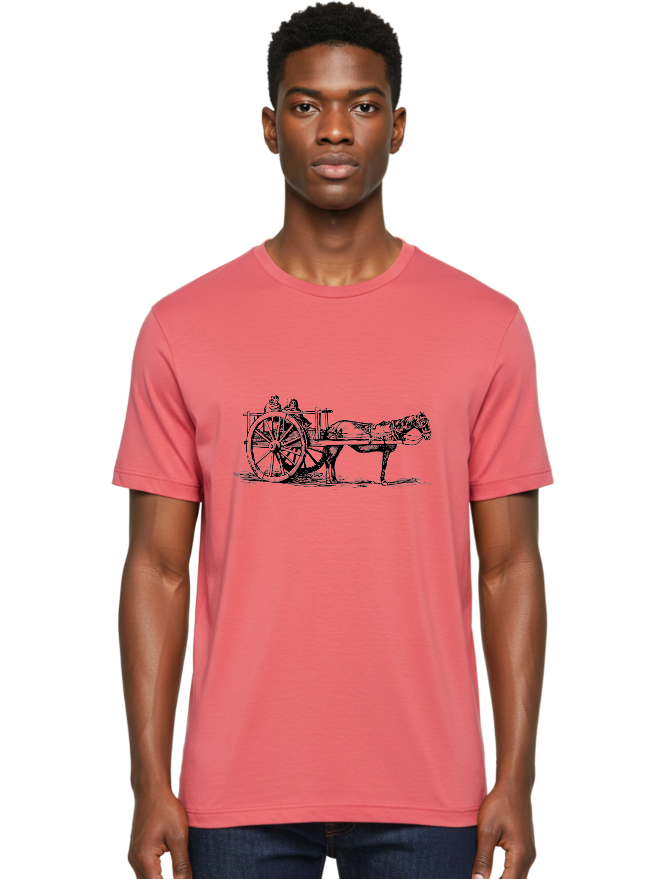 Horse-Drawn-Cart Men'S Graphic Tee, 100% Cotton, Comfortable Casual Summer Wear, Machine Washable, Vintage Horse Cart, Horse Drawn Carriage, Traditional Transportation, Classic Cart Illustration, Horse And Carriage, People Riding Cart, Aad795 18