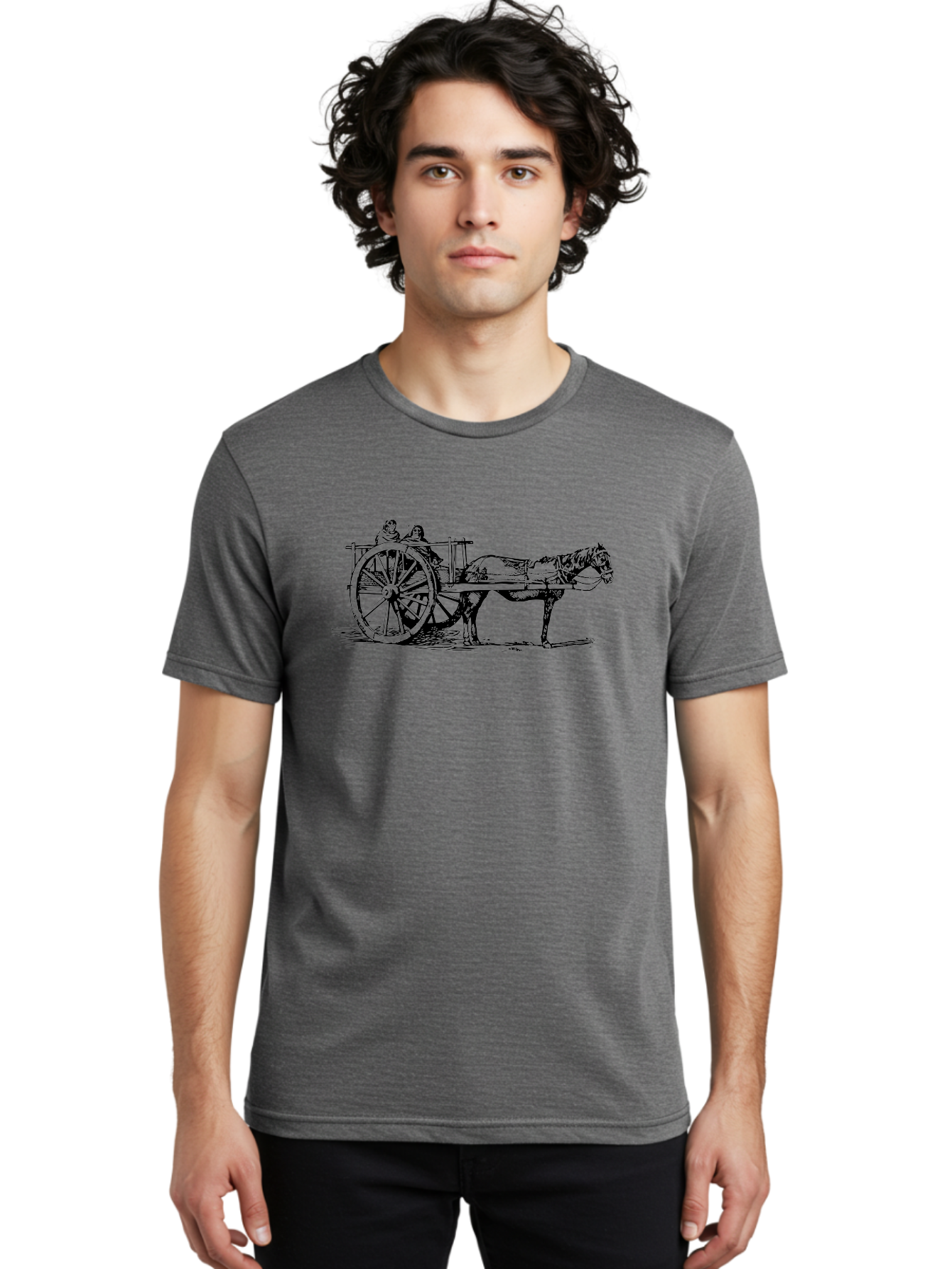 Horse-Drawn-Cart Men'S Graphic Tee, 100% Cotton, Comfortable Casual Summer Wear, Machine Washable, Vintage Horse Cart, Horse Drawn Carriage, Traditional Transportation, Classic Cart Illustration, Horse And Carriage, People Riding Cart, Aad795 30
