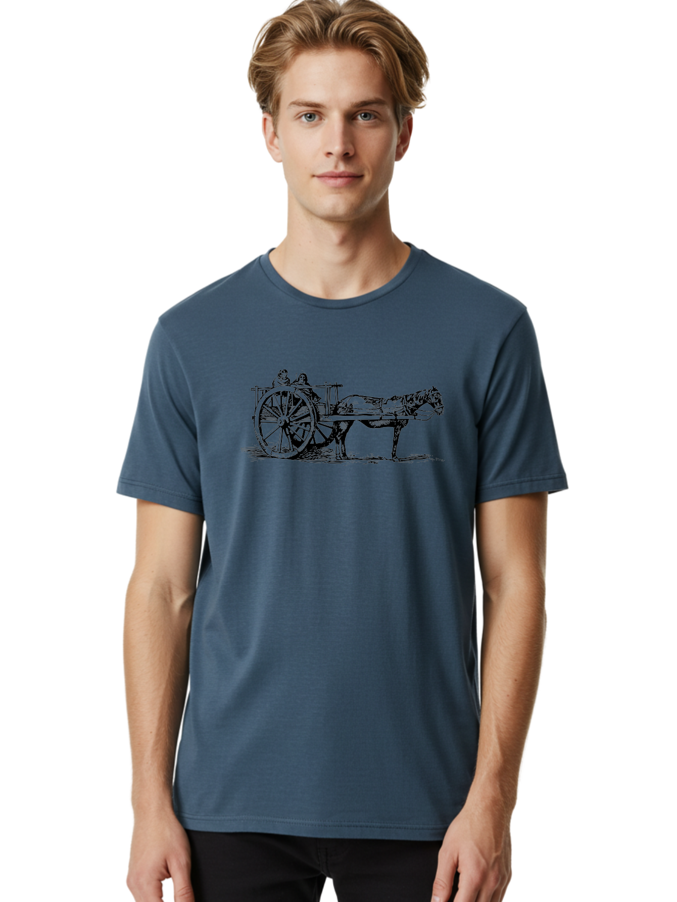 Horse-Drawn-Cart Men'S Graphic Tee, 100% Cotton, Comfortable Casual Summer Wear, Machine Washable, Vintage Horse Cart, Horse Drawn Carriage, Traditional Transportation, Classic Cart Illustration, Horse And Carriage, People Riding Cart, Aad795 4