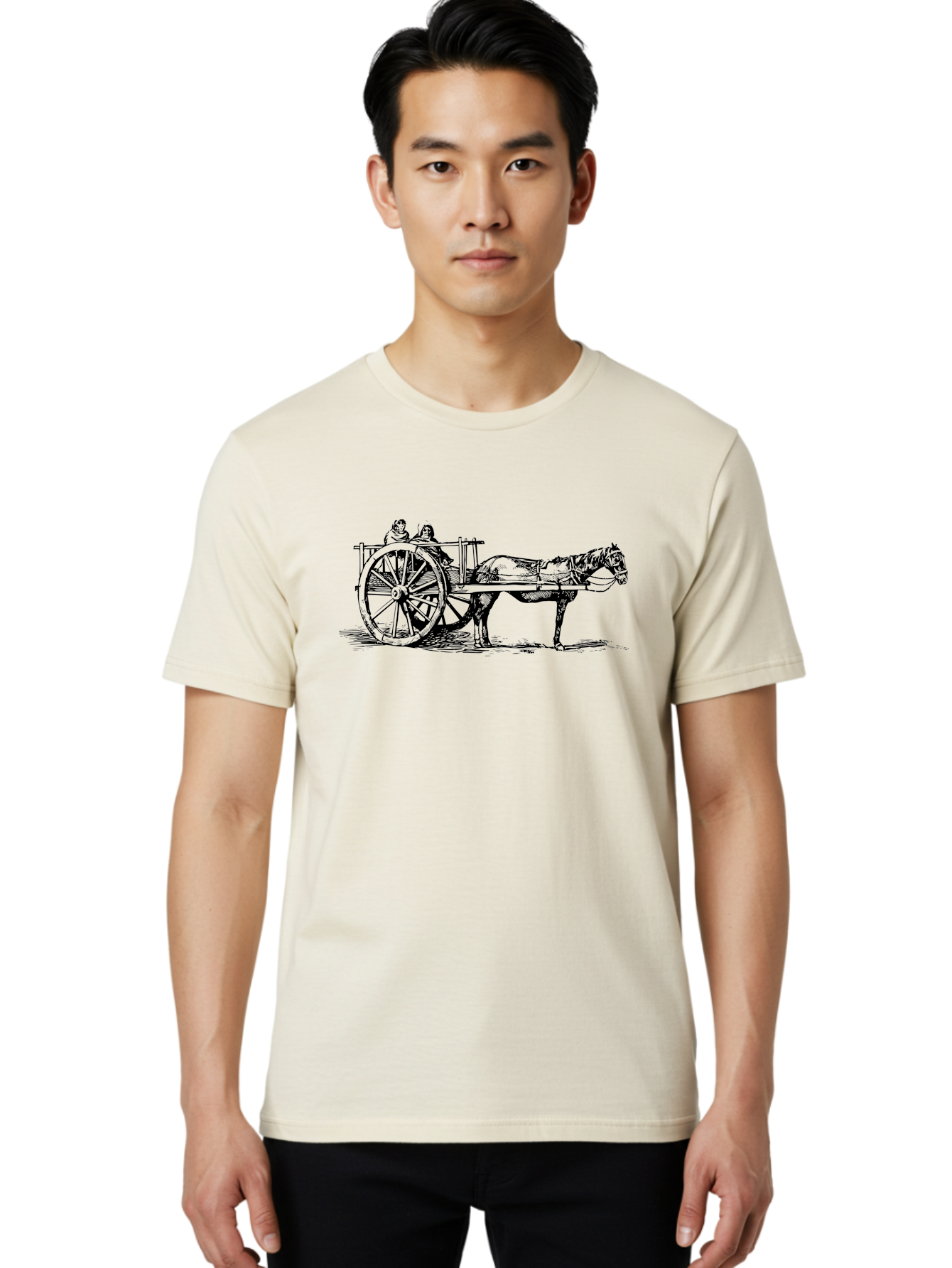 Horse-Drawn-Cart Men'S Graphic Tee, 100% Cotton, Comfortable Casual Summer Wear, Machine Washable, Vintage Horse Cart, Horse Drawn Carriage, Traditional Transportation, Classic Cart Illustration, Horse And Carriage, People Riding Cart, Aad795 20