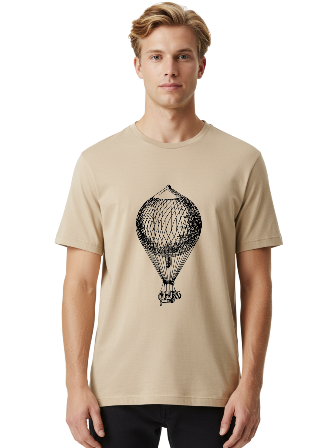 Hot-Air-Balloon Men'S Graphic Tee, 100% Cotton, Comfortable Casual Summer Wear, Machine Washable, Hot Air Balloon, Vintage Illustration, Black And White Graphic, Aerostat, Flight Technology, Historic Aircraft, Intricate Details, Wireframe Art Aad797 12