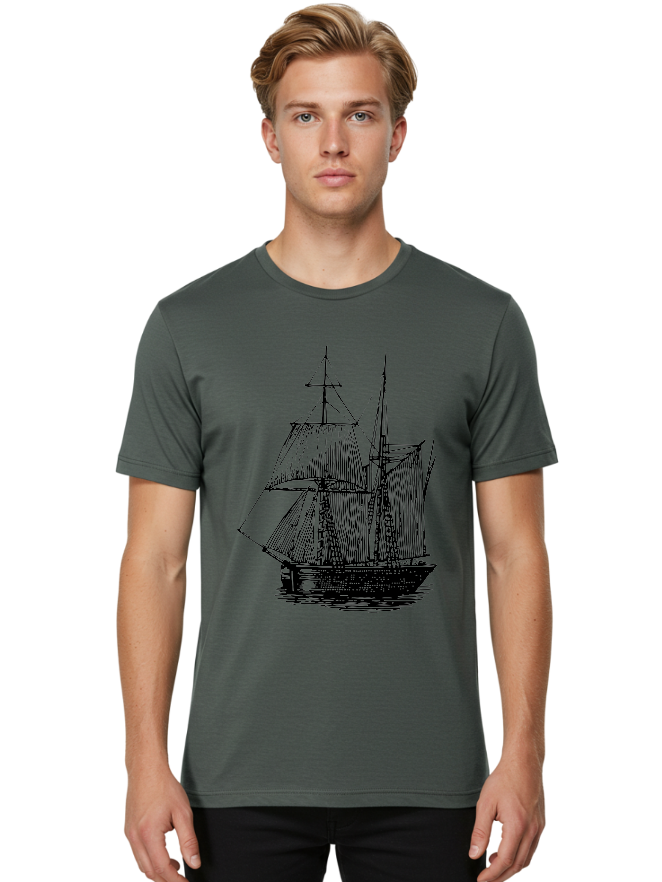 Sailboat Men'S Graphic Tee, 100% Cotton, Comfortable Casual Summer Wear, Machine Washable, Sailboat On Water, Sailing Vessel, Black And White Illustration, Nautical Theme, Ocean Scenery, Vintage Style, Maritime Art Aad806 2