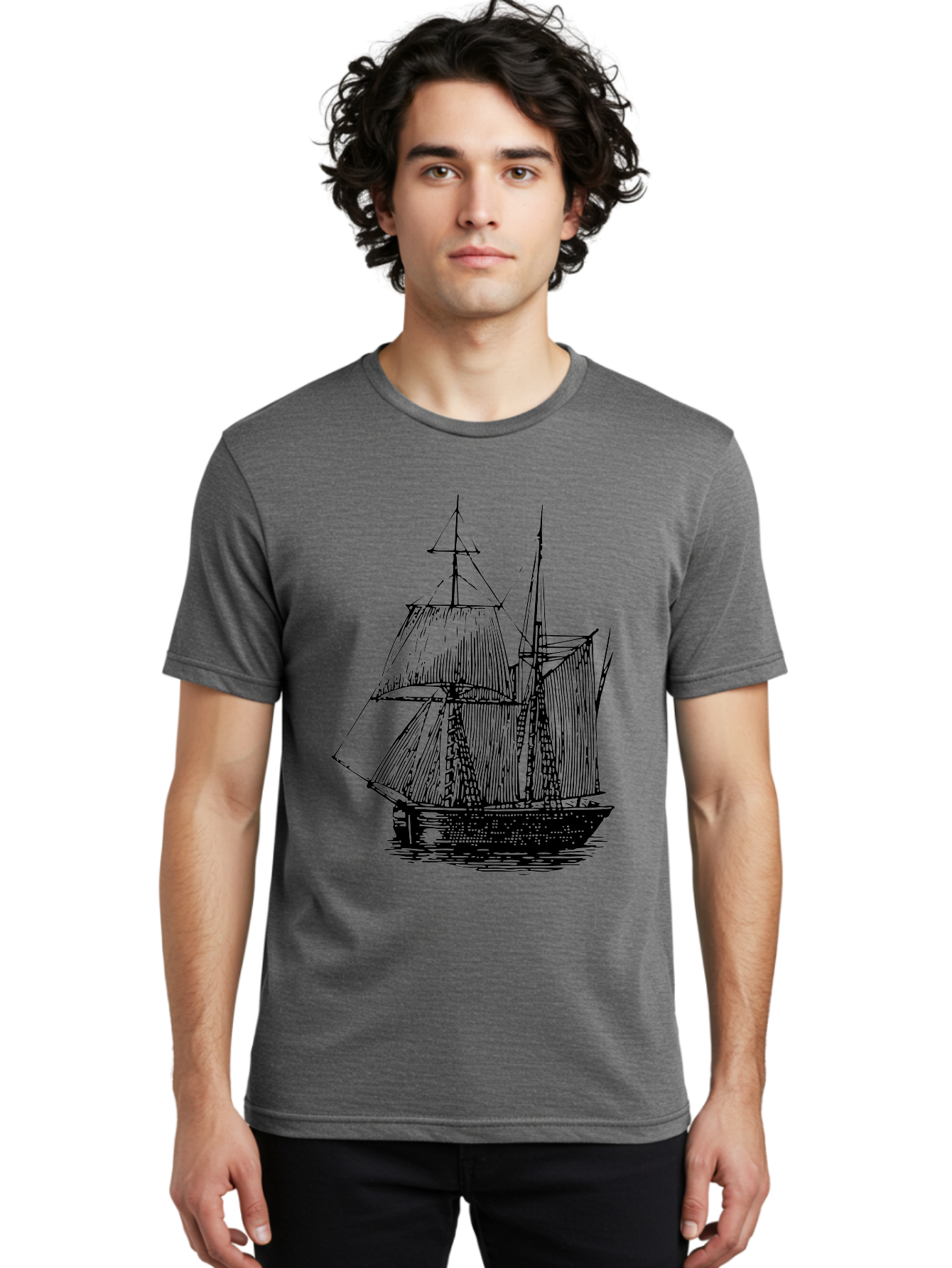 Sailboat Men'S Graphic Tee, 100% Cotton, Comfortable Casual Summer Wear, Machine Washable, Sailboat On Water, Sailing Vessel, Black And White Illustration, Nautical Theme, Ocean Scenery, Vintage Style, Maritime Art Aad806 26