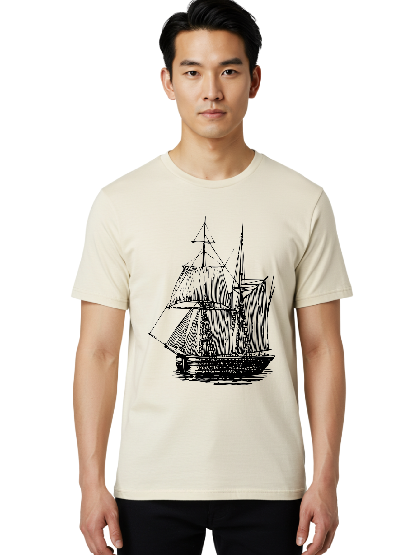 Sailboat Men'S Graphic Tee, 100% Cotton, Comfortable Casual Summer Wear, Machine Washable, Sailboat On Water, Sailing Vessel, Black And White Illustration, Nautical Theme, Ocean Scenery, Vintage Style, Maritime Art Aad806 16