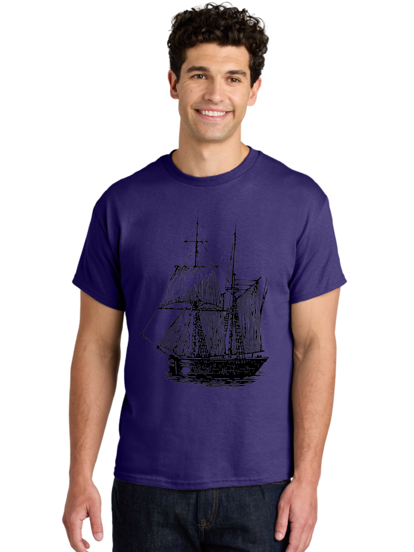 Sailboat Men'S Graphic Tee, 100% Cotton, Comfortable Casual Summer Wear, Machine Washable, Sailboat On Water, Sailing Vessel, Black And White Illustration, Nautical Theme, Ocean Scenery, Vintage Style, Maritime Art Aad806 6