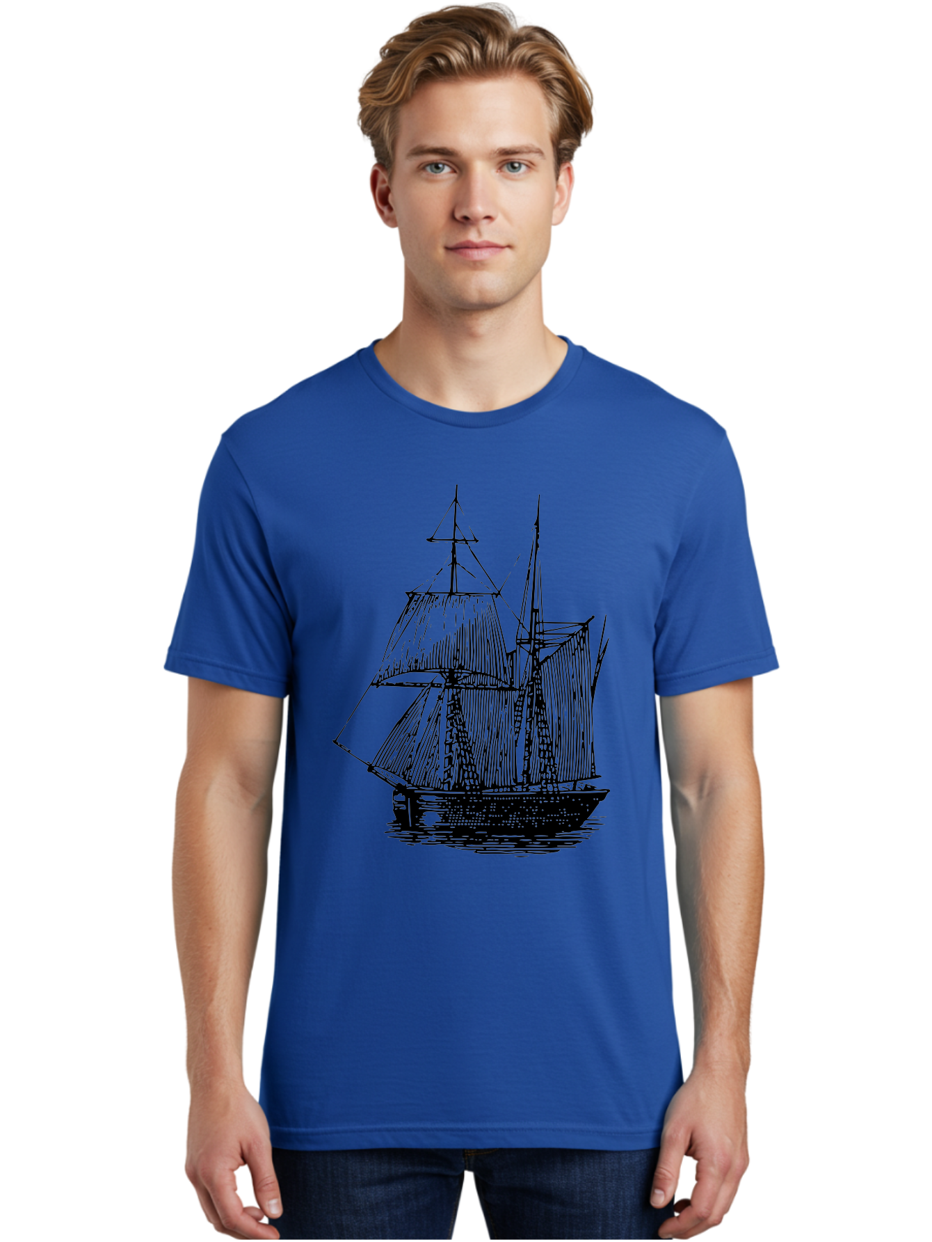 Sailboat Men'S Graphic Tee, 100% Cotton, Comfortable Casual Summer Wear, Machine Washable, Sailboat On Water, Sailing Vessel, Black And White Illustration, Nautical Theme, Ocean Scenery, Vintage Style, Maritime Art Aad806 4