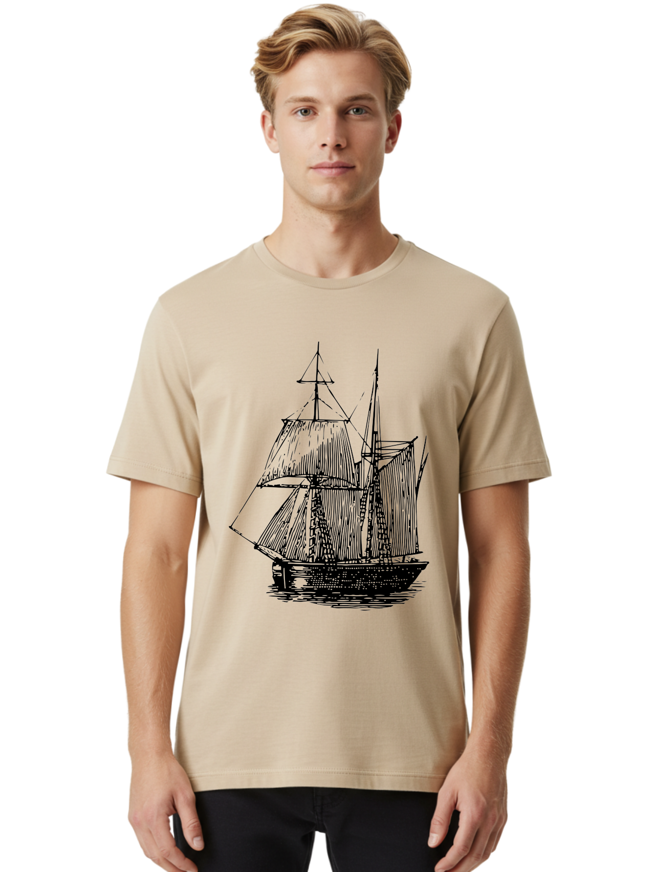 Sailboat Men'S Graphic Tee, 100% Cotton, Comfortable Casual Summer Wear, Machine Washable, Sailboat On Water, Sailing Vessel, Black And White Illustration, Nautical Theme, Ocean Scenery, Vintage Style, Maritime Art Aad806 30
