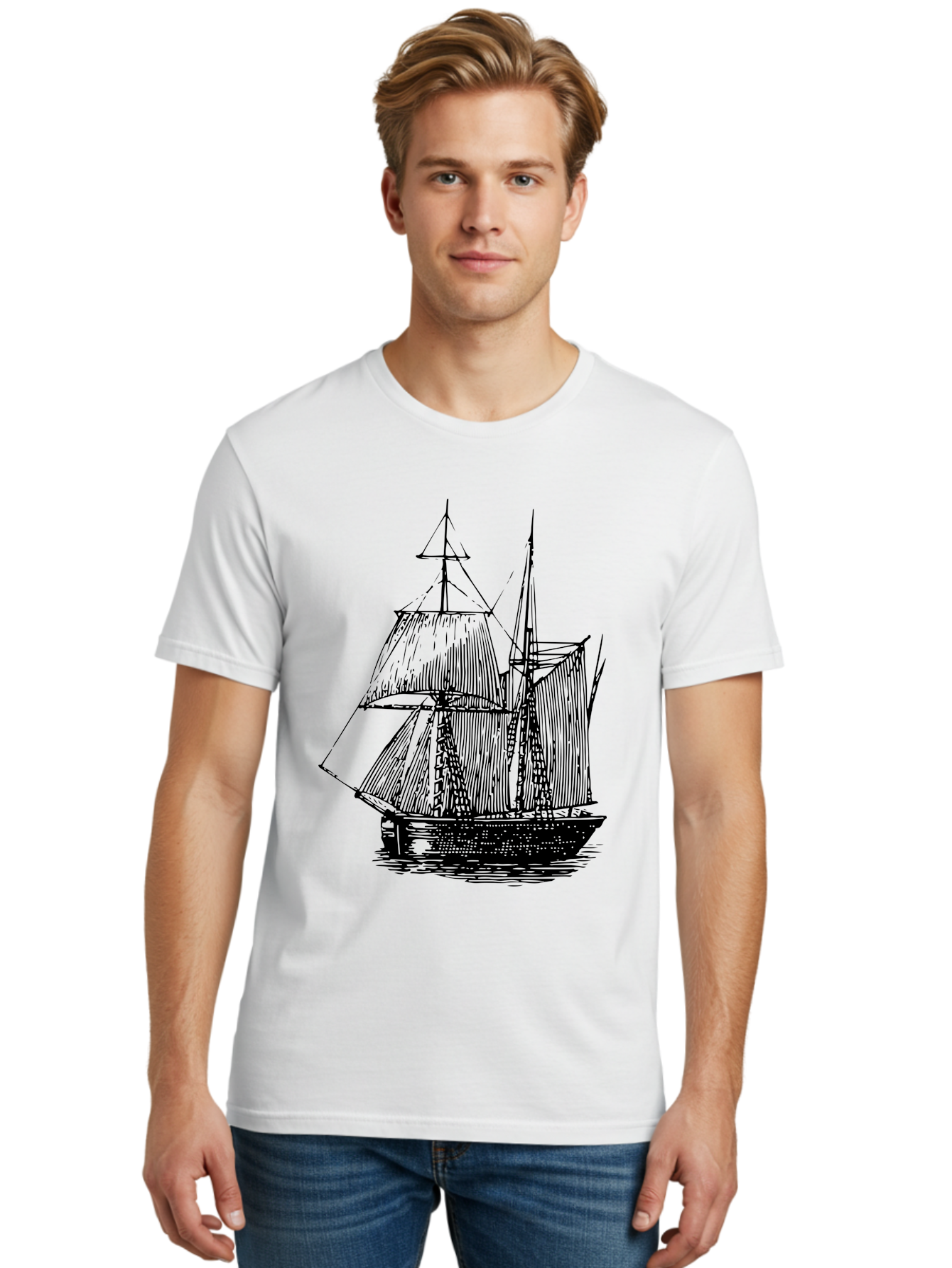 Sailboat Men'S Graphic Tee, 100% Cotton, Comfortable Casual Summer Wear, Machine Washable, Sailboat On Water, Sailing Vessel, Black And White Illustration, Nautical Theme, Ocean Scenery, Vintage Style, Maritime Art Aad806 10
