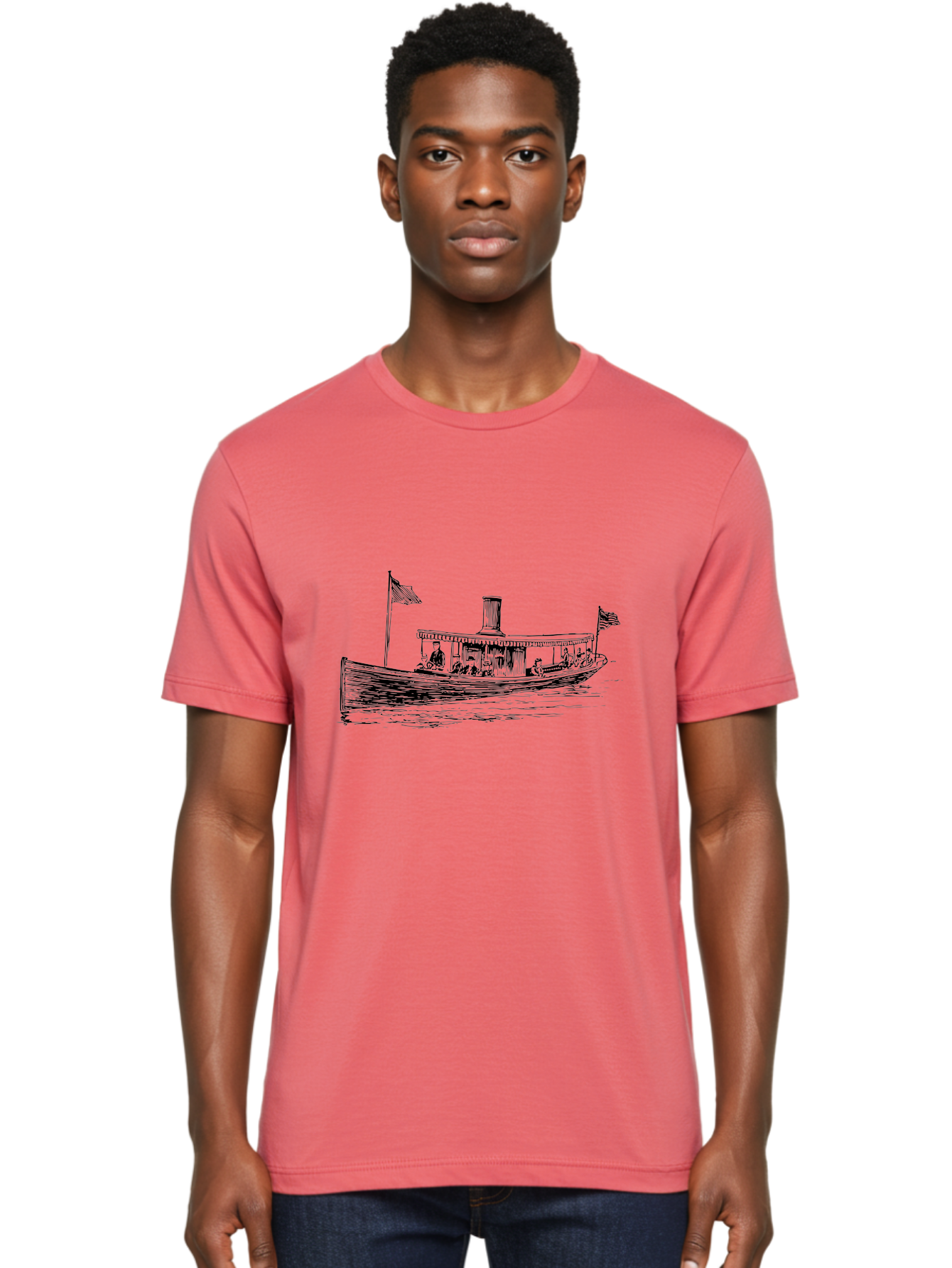 Steam-Boat Men'S Graphic Tee, 100% Cotton, Comfortable Casual Summer Wear, Machine Washable, Steamboat On The Water, American Flag, People On Board, Vintage Illustration, Historic Vessel, Classic Transportation Aad808 18