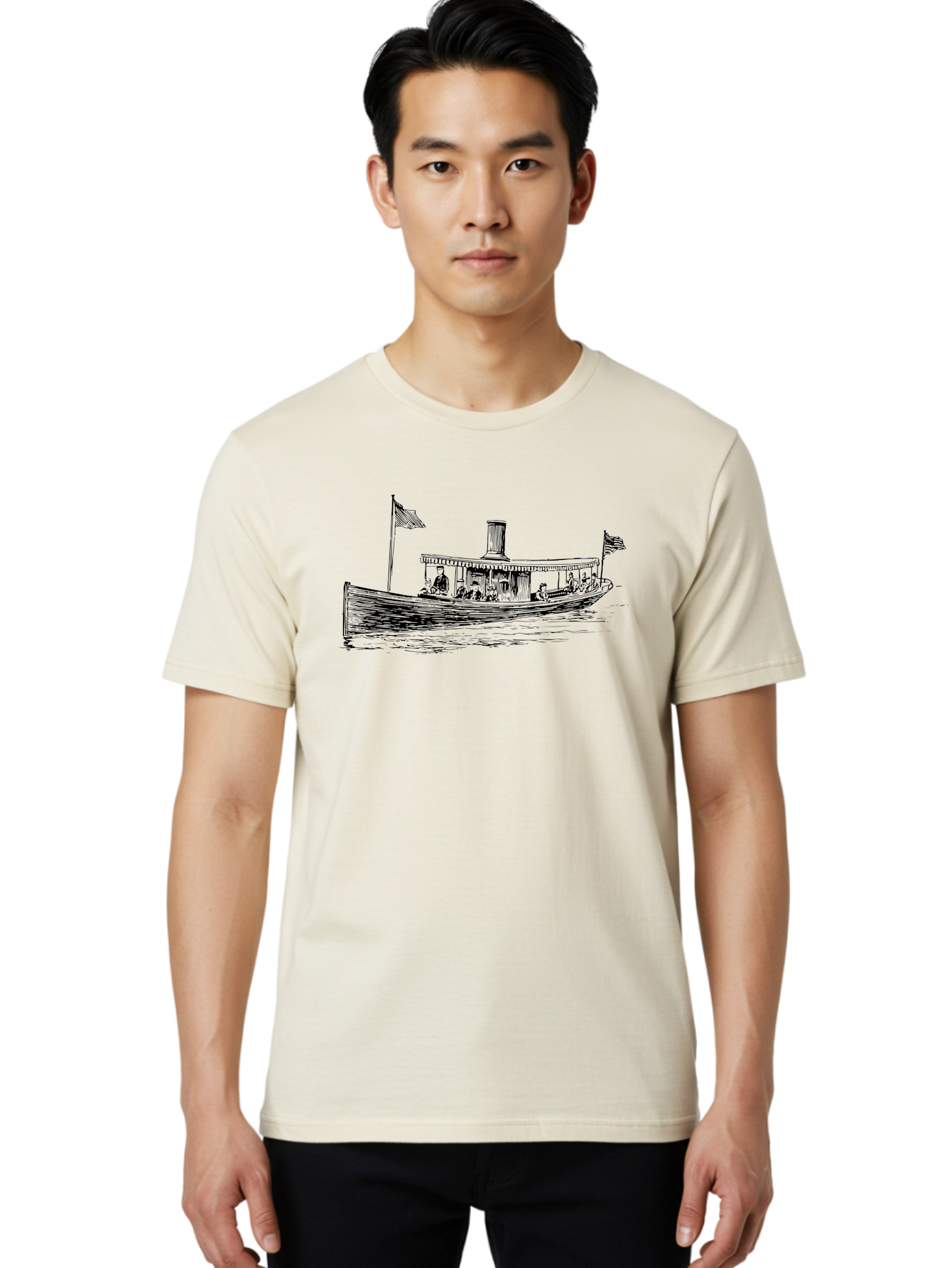 Steam-Boat Men'S Graphic Tee, 100% Cotton, Comfortable Casual Summer Wear, Machine Washable, Steamboat On The Water, American Flag, People On Board, Vintage Illustration, Historic Vessel, Classic Transportation Aad808 4