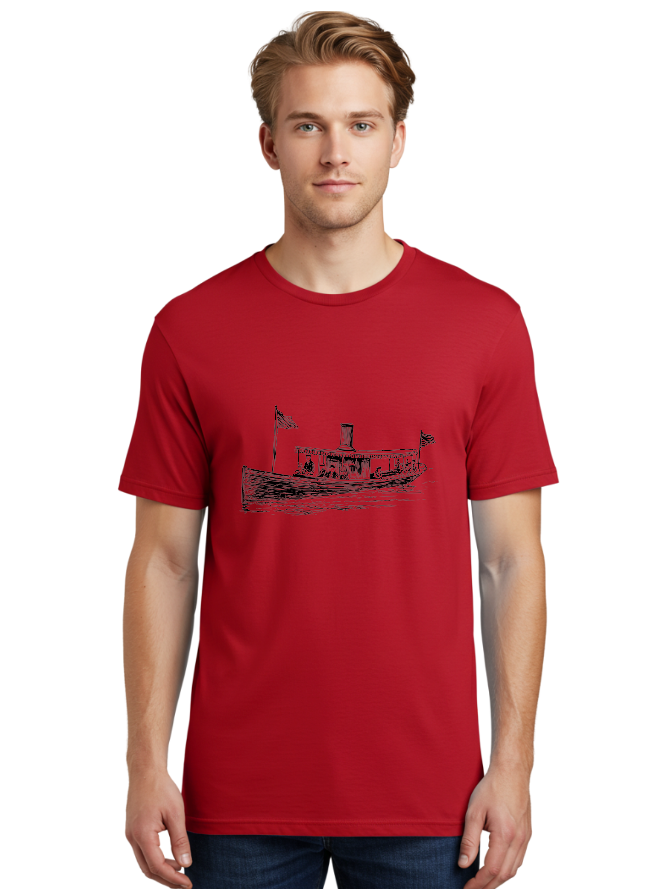 Steam-Boat Men'S Graphic Tee, 100% Cotton, Comfortable Casual Summer Wear, Machine Washable, Steamboat On The Water, American Flag, People On Board, Vintage Illustration, Historic Vessel, Classic Transportation Aad808 14