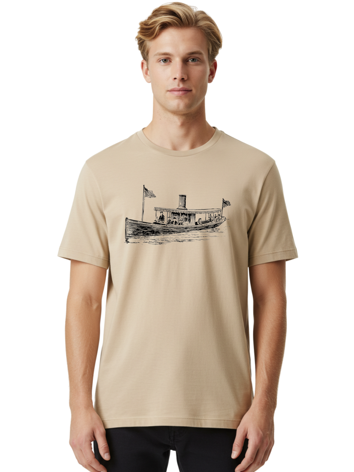 Steam-Boat Men'S Graphic Tee, 100% Cotton, Comfortable Casual Summer Wear, Machine Washable, Steamboat On The Water, American Flag, People On Board, Vintage Illustration, Historic Vessel, Classic Transportation Aad808 8