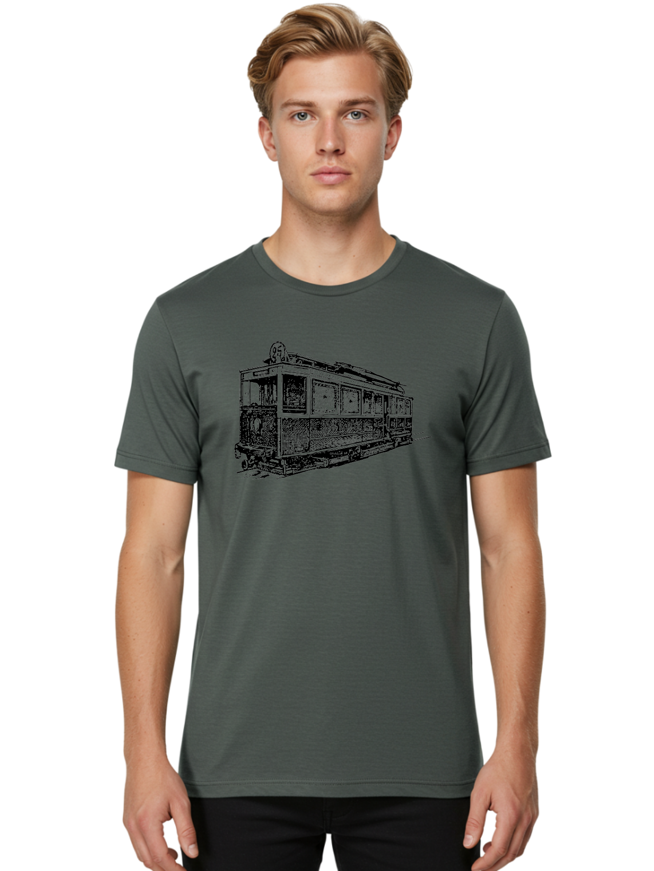 Tram-Car Men'S Graphic Tee, 100% Cotton, Comfortable Casual Summer Wear, Machine Washable, Vintage Trolley, Urban Transportation, Public Transit, Classic Vehicle, Electric Tram, Retro Style, Nostalgic Design, Tramway Aad815 30