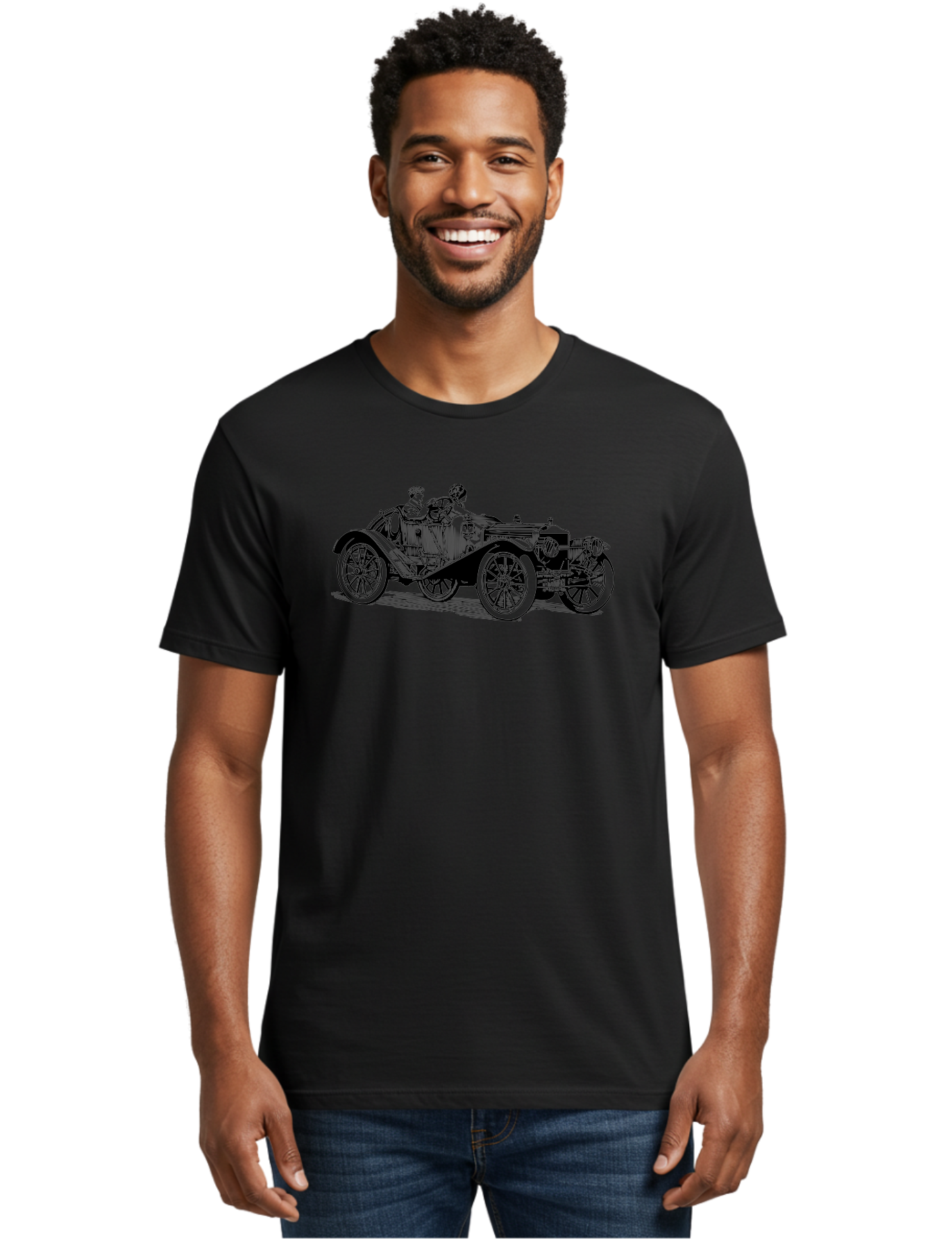 Vintage-Car-4 Men'S Graphic Tee, 100% Cotton, Comfortable Casual Summer Wear, Machine Washable, Vintage Car, Antique Automobile, Classic Vehicle, Retro Transportation, Old-Fashioned Car, Two People Riding Aad824 4
